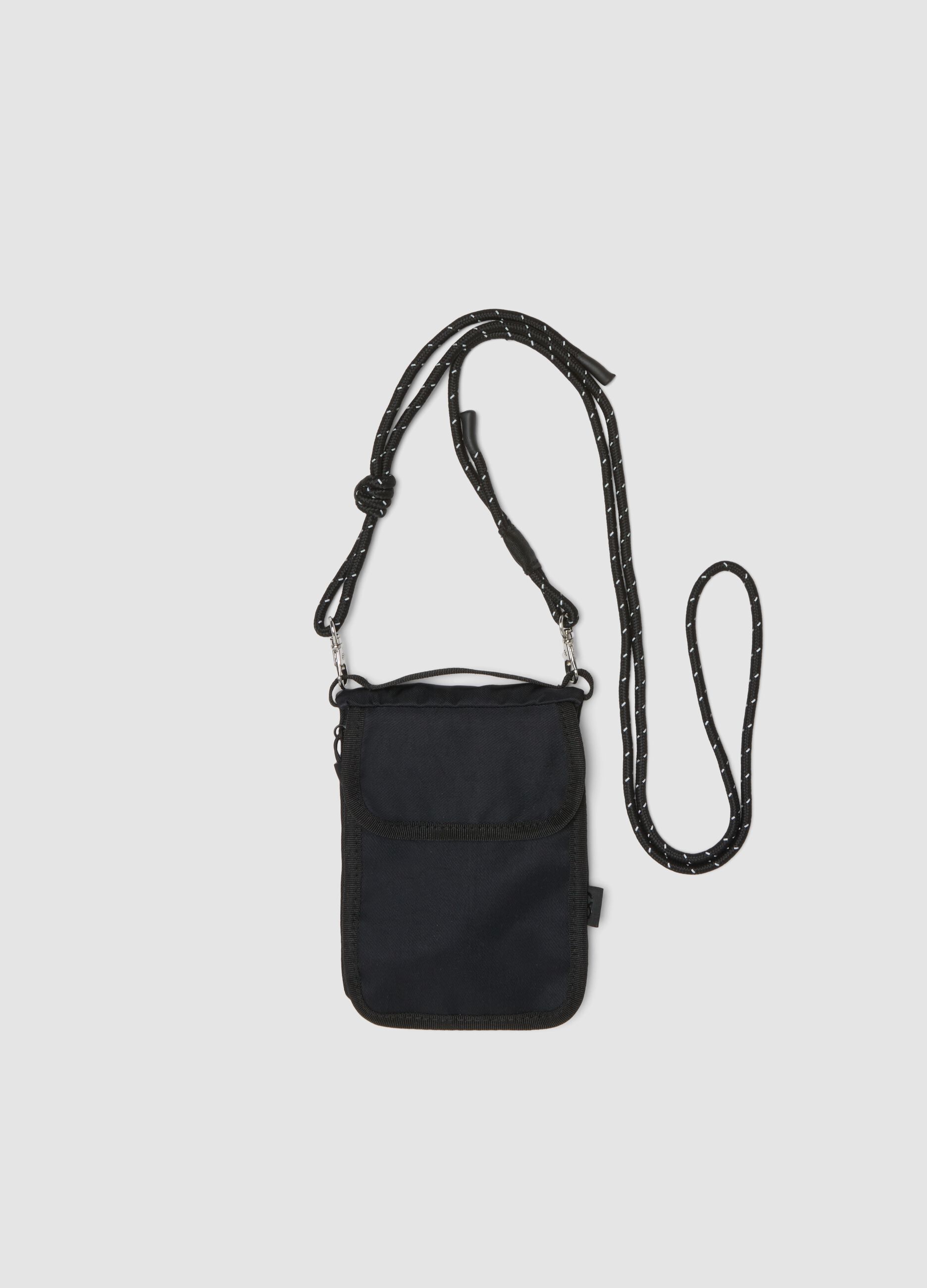 Black crossbody bag with adjustable drawcord strap