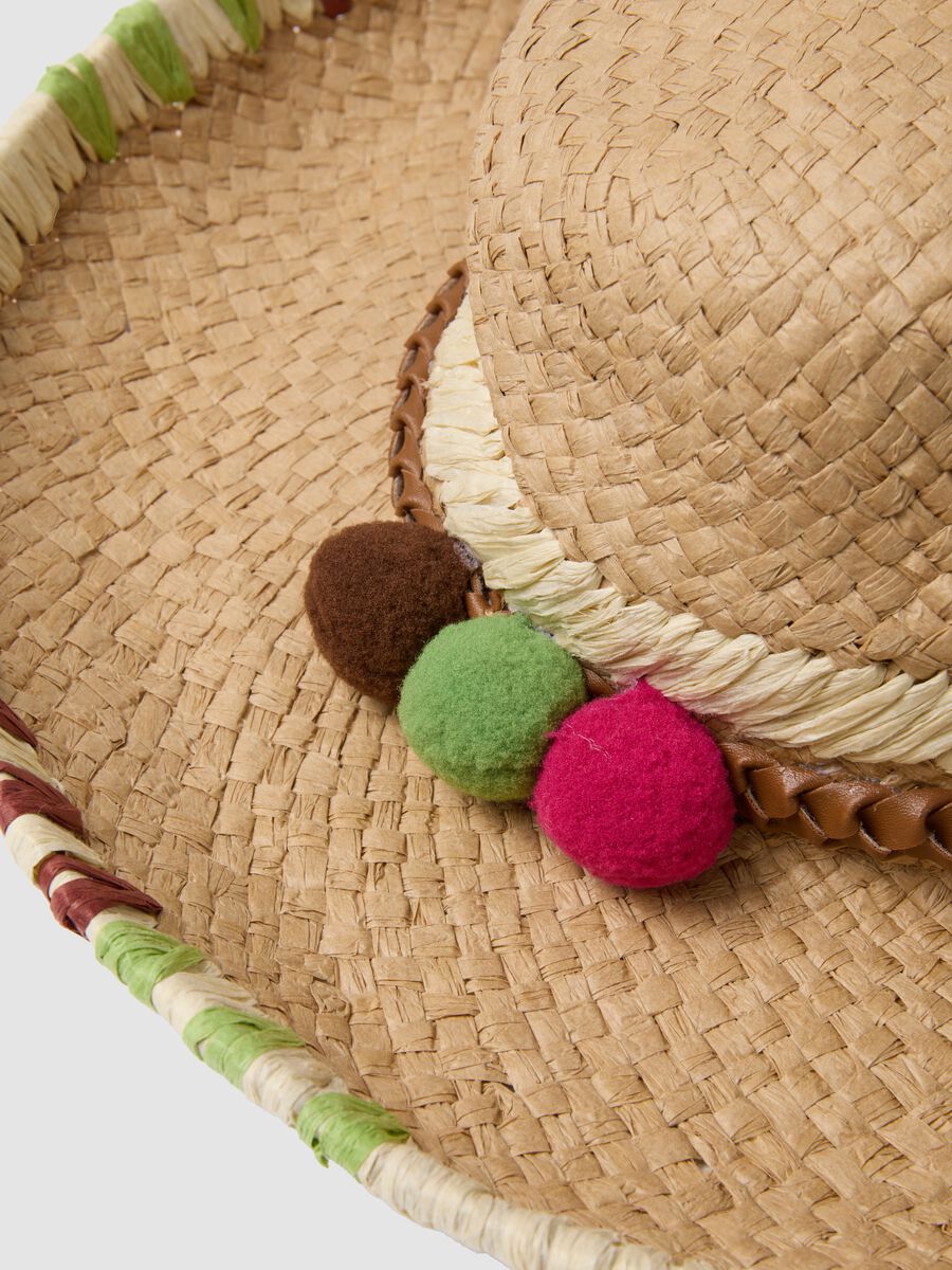 Cappello in puro tessuto carta beige con pompon colorati_2