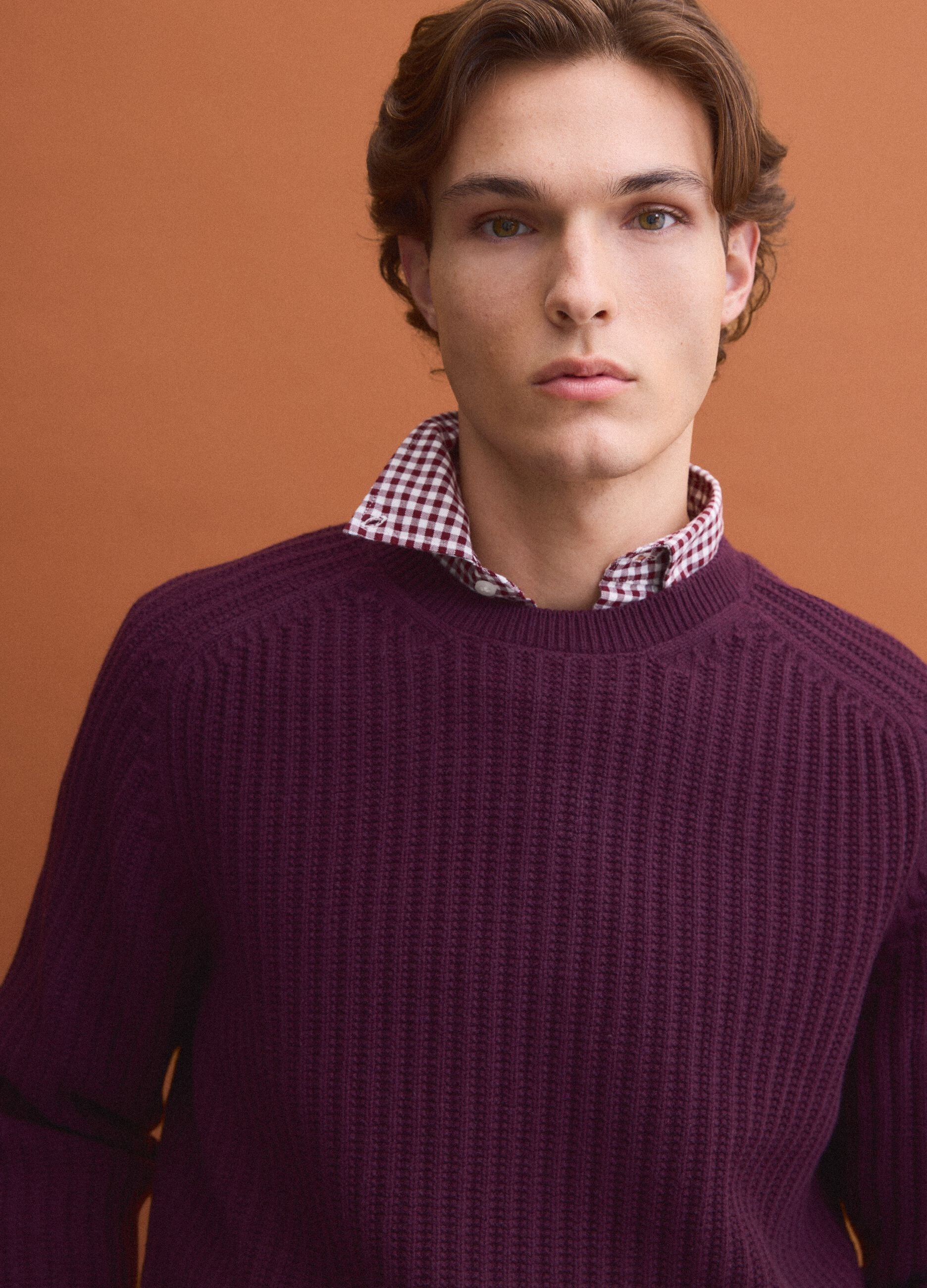 Purple ribbed cotton-blend crew-neck jumper, regular fit