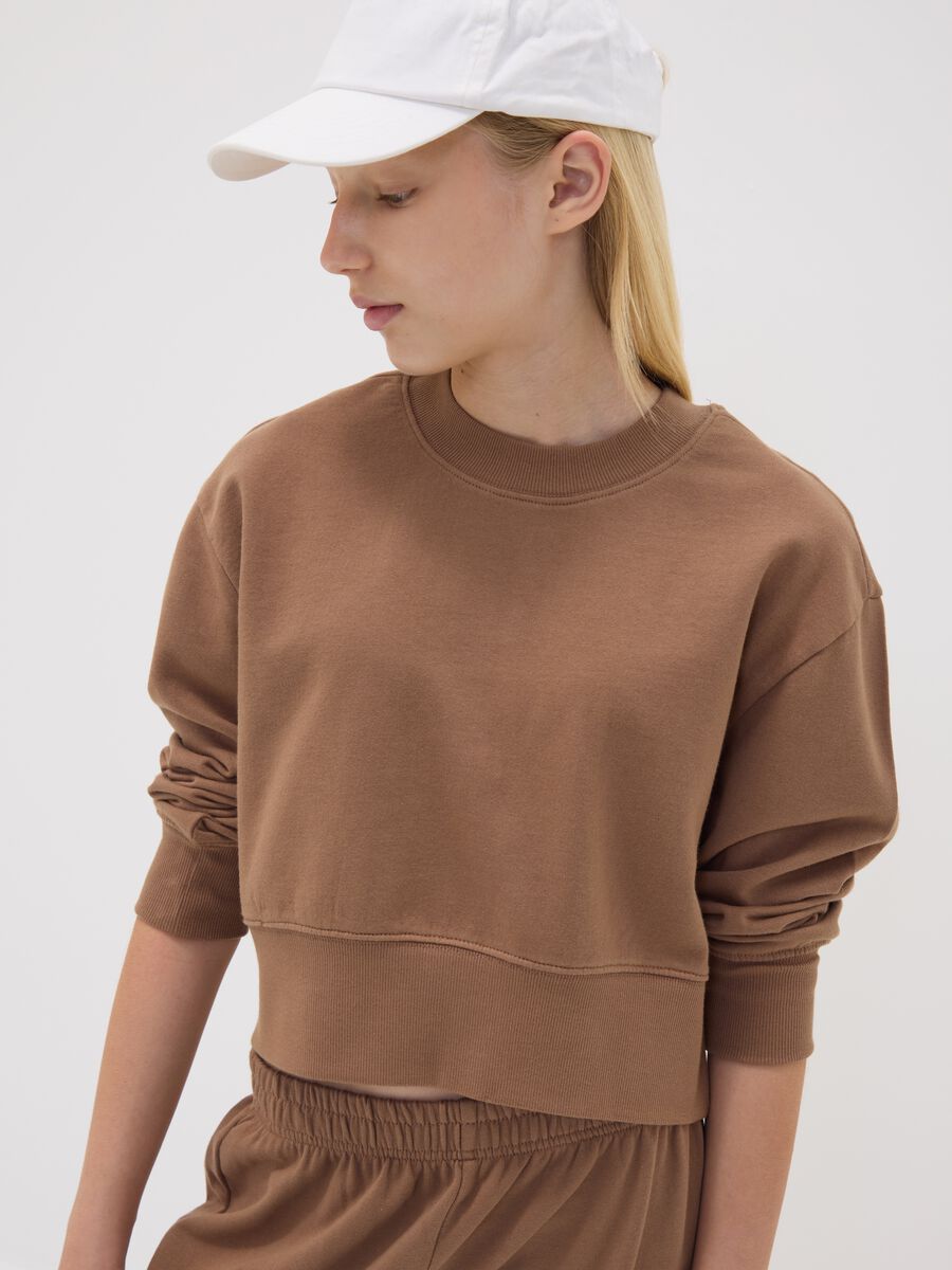 Brown sweatshirt in organic cotton and viscose blend with ribbed neckline_0