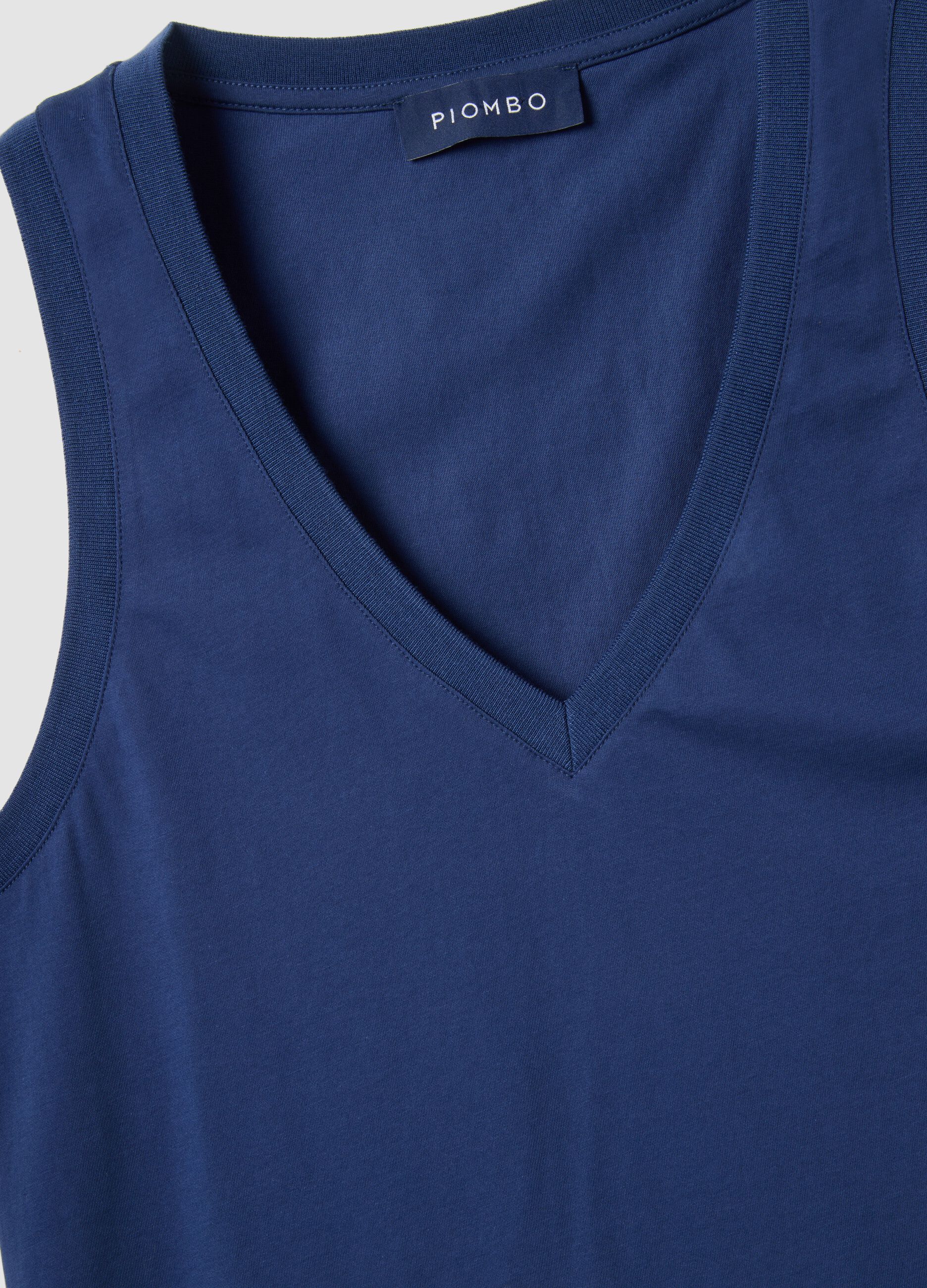 Blue cotton blend regular fit V-neck tank top