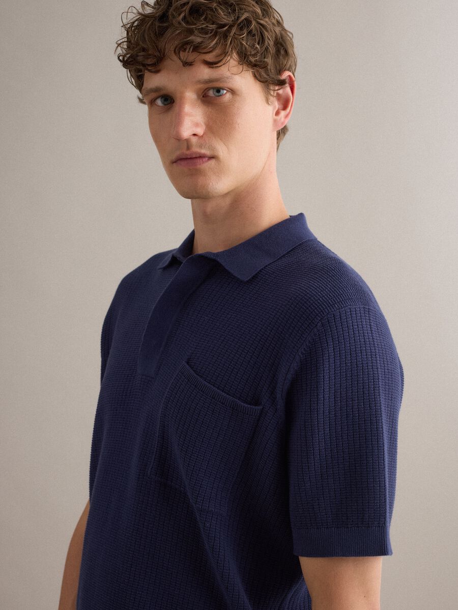 Polo blu in puro cotone con taschino regular fit_0