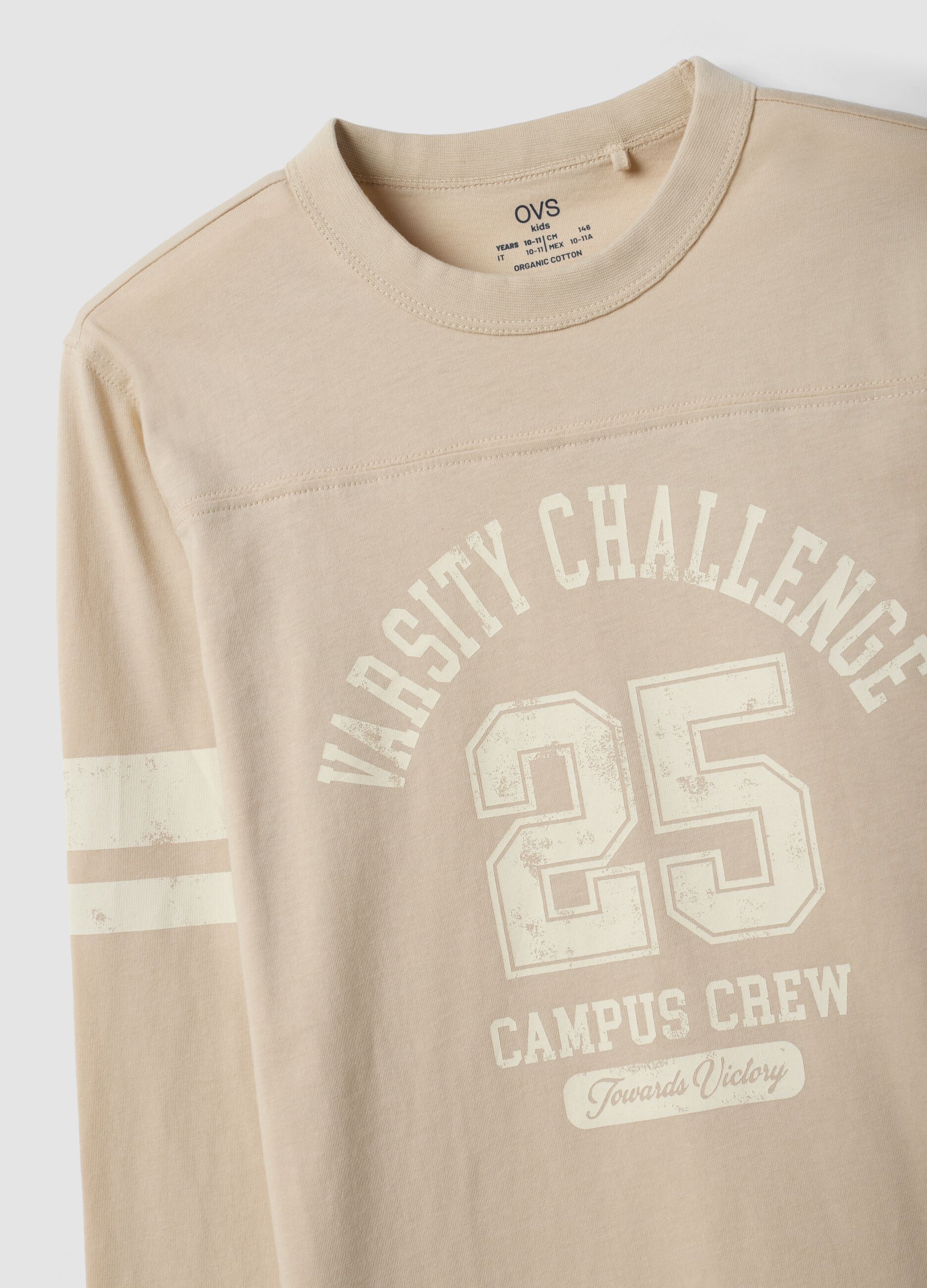 Beige pure organic cotton T-shirt with college print for boys