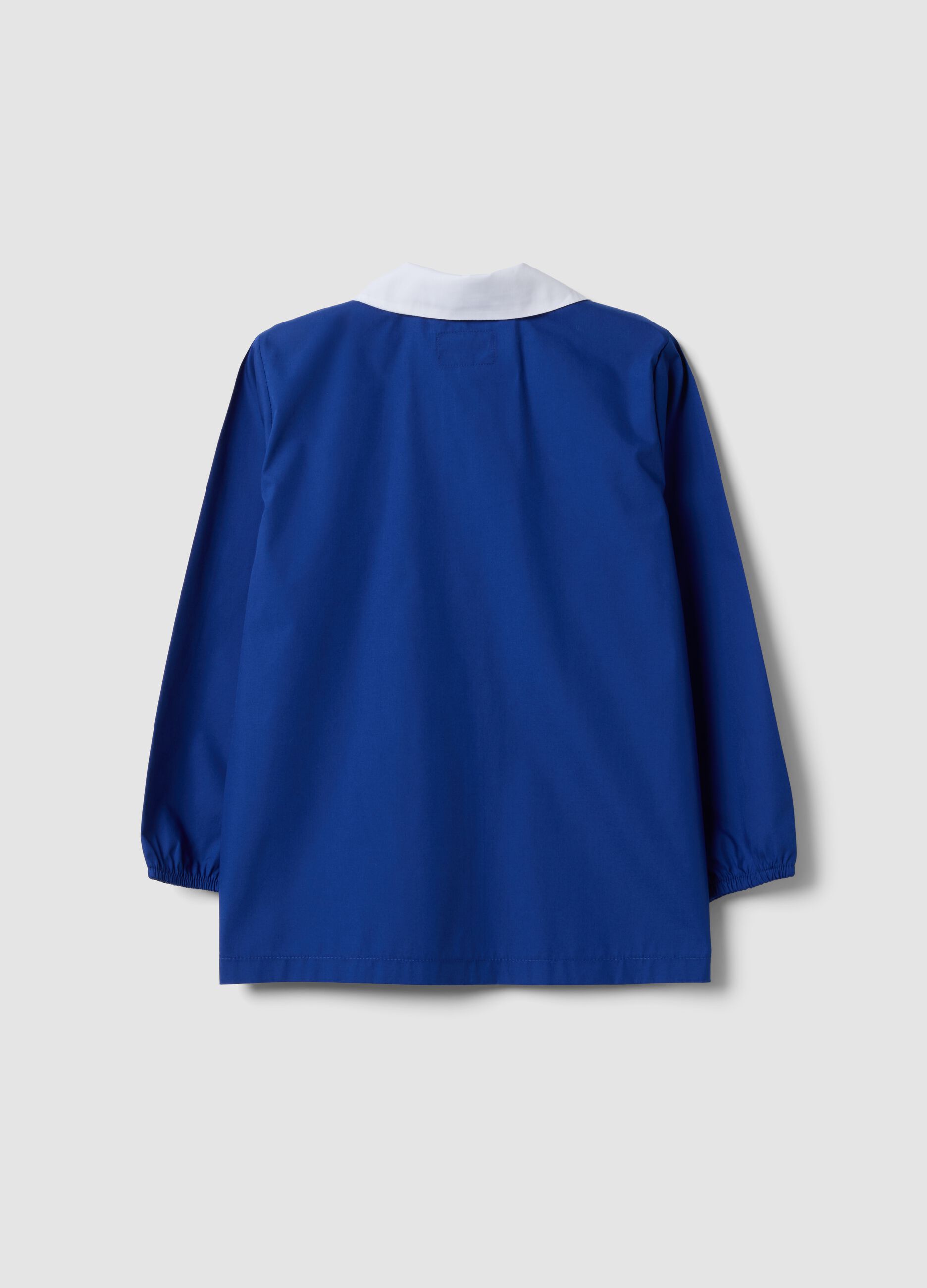 Customisable blue school apron with zip and go-kart embroidery for boys