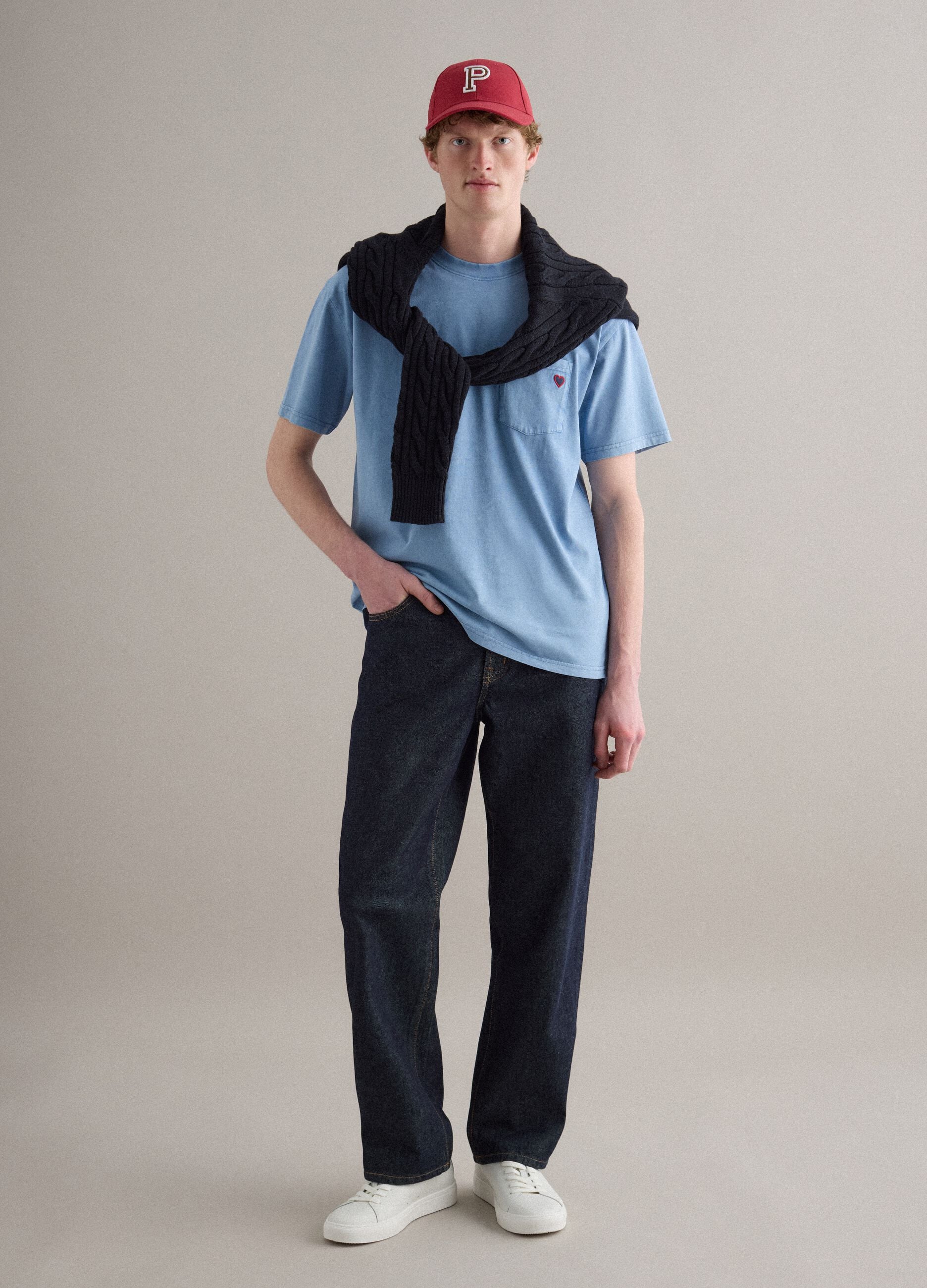 Sky blue pure cotton crew neck T-shirt with relaxed fit