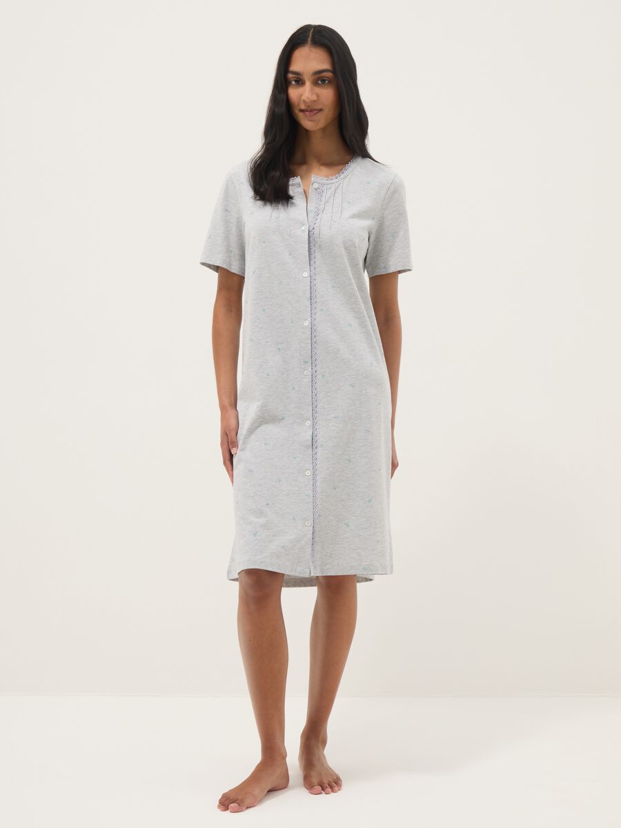 Grey organic cotton blend nightdress with buttons and embroidery_1