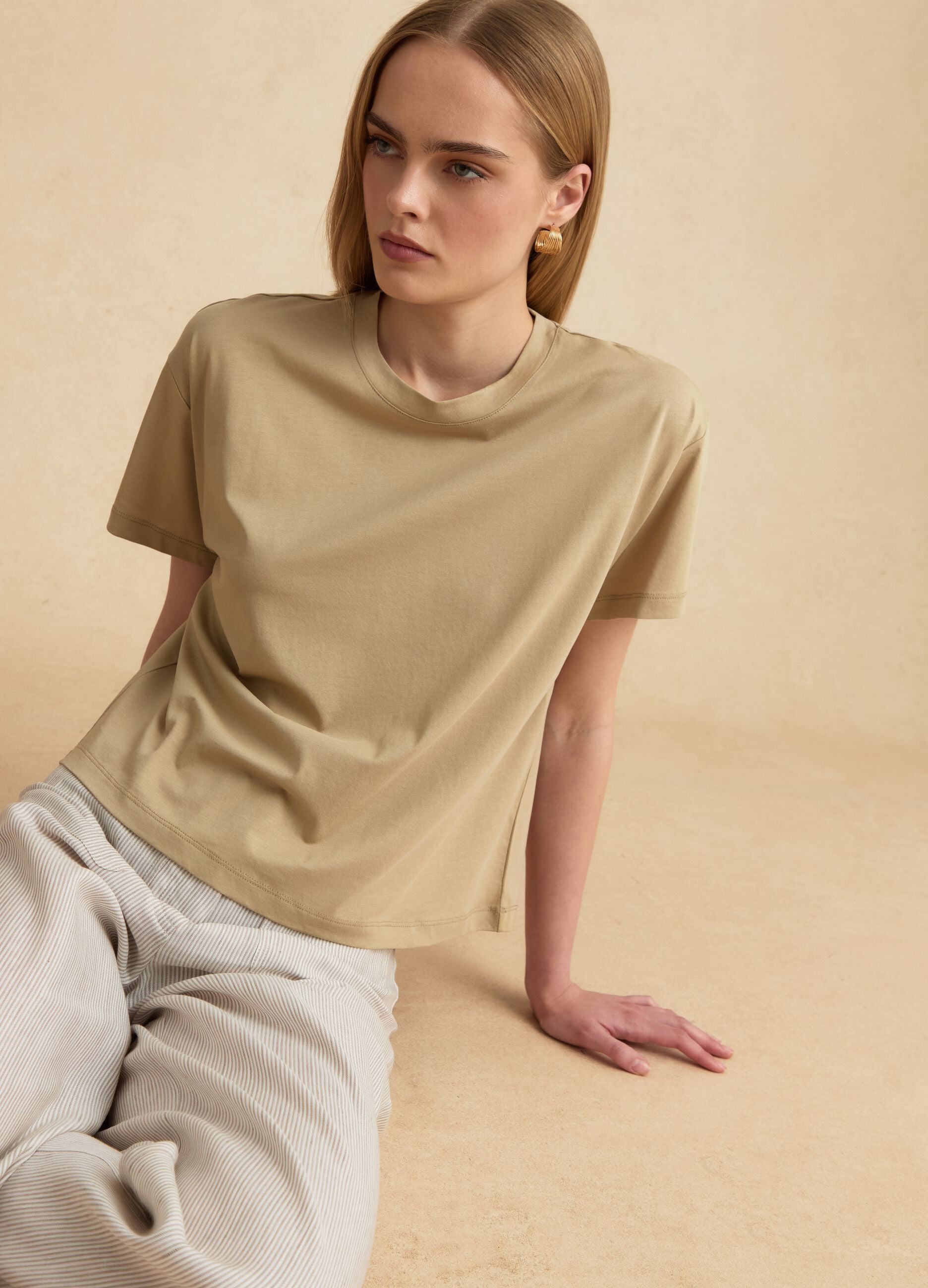 Beige lyocell and cotton-blend T-shirt