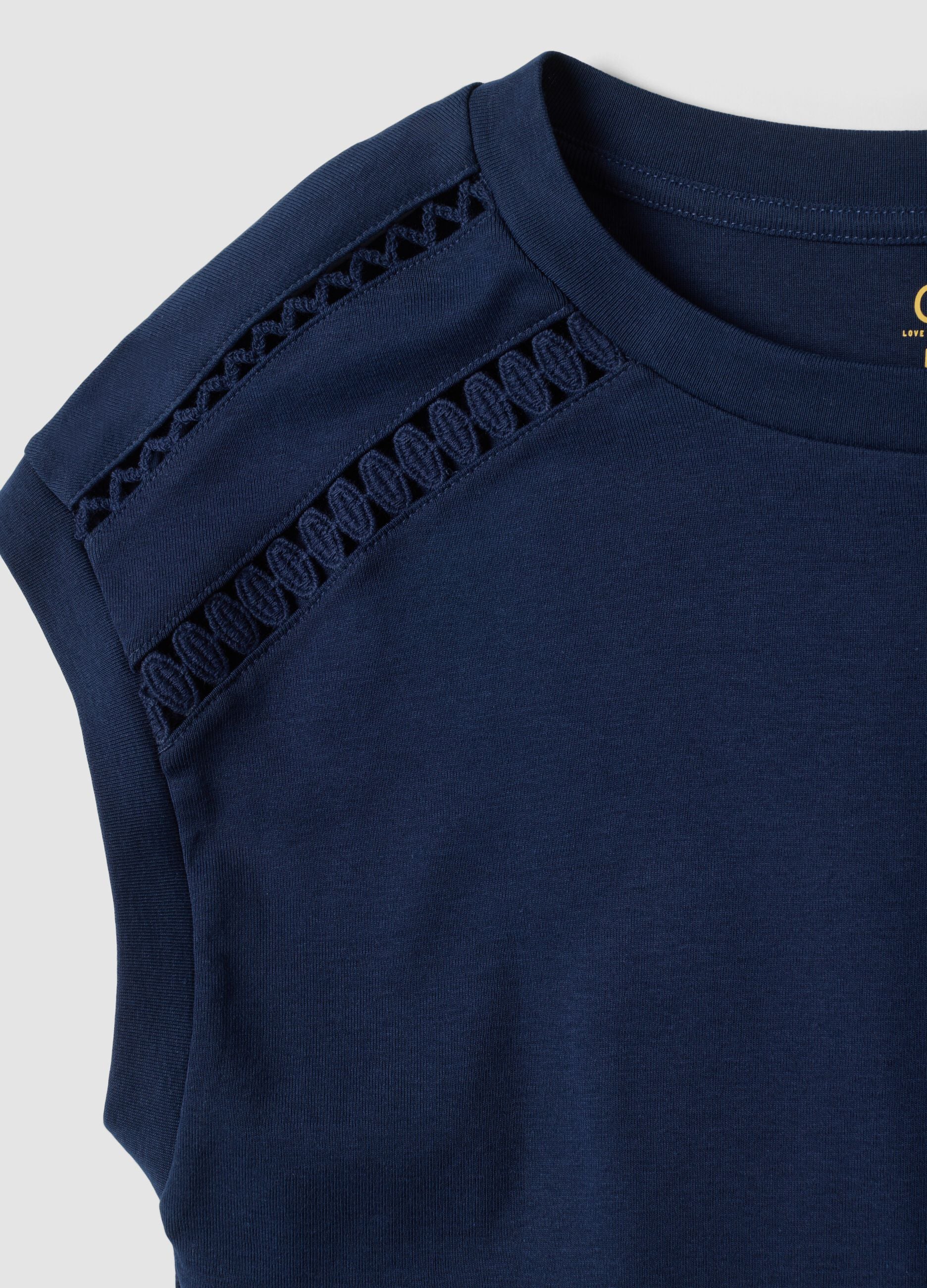 Blue pure cotton T-shirt with perforated inserts