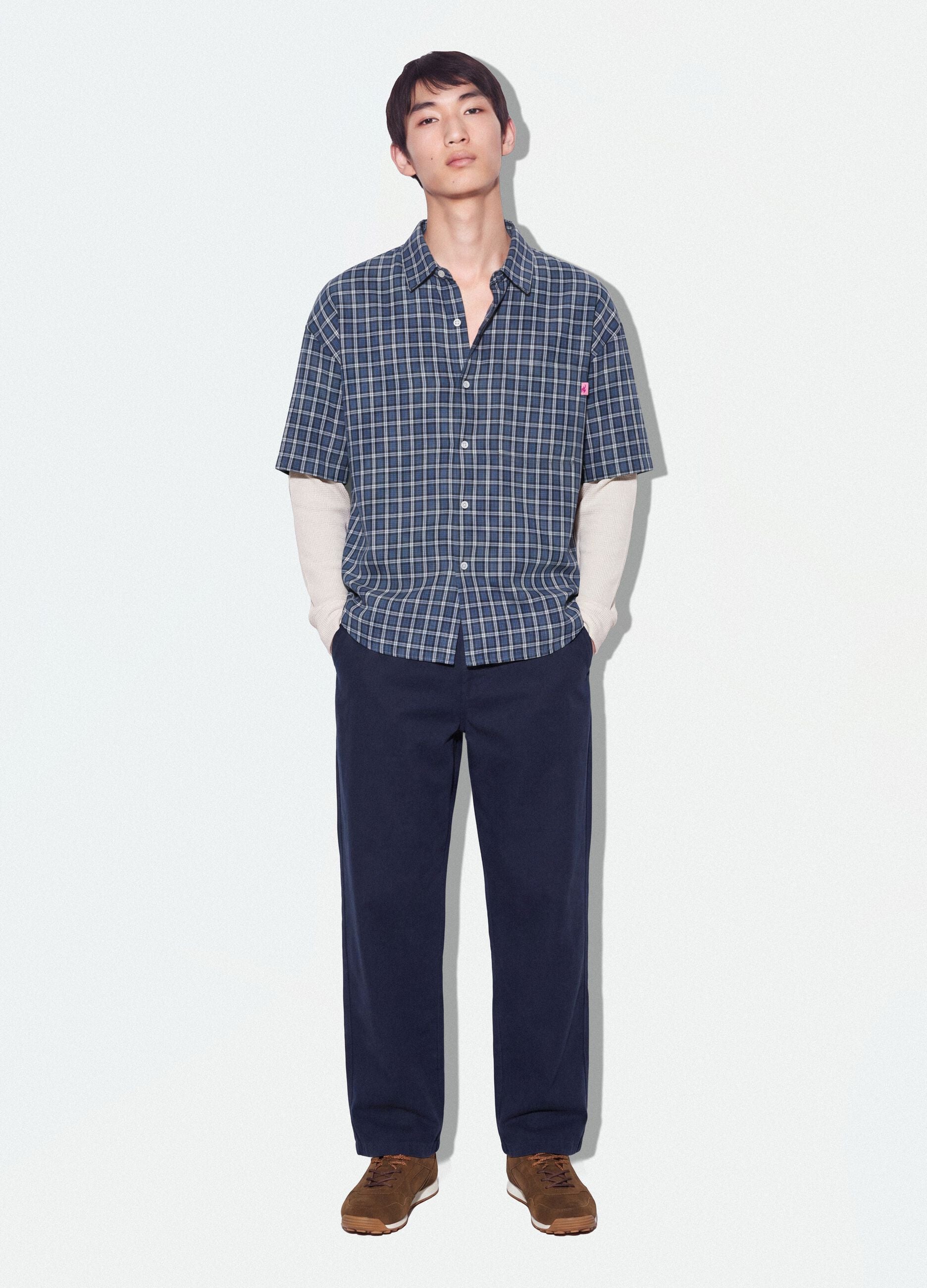 Blue checked cropped pure cotton shirt with layered over-fit sleeves