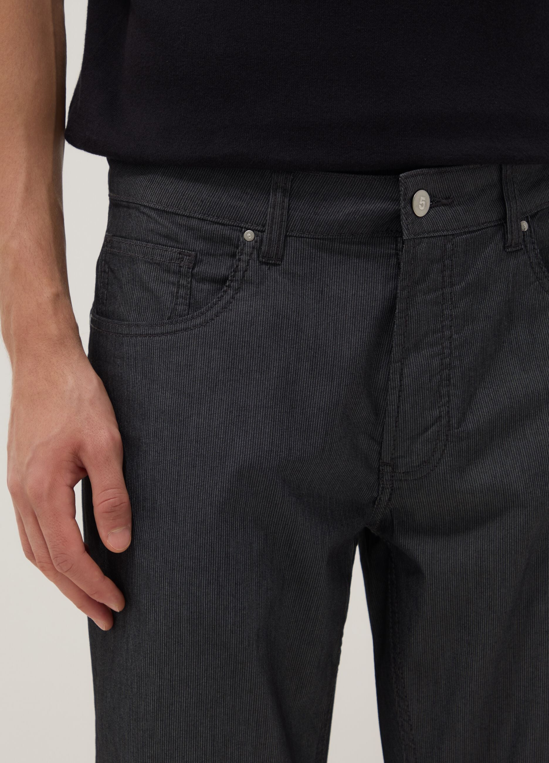 Black stretch cotton regular fit trousers with five pockets