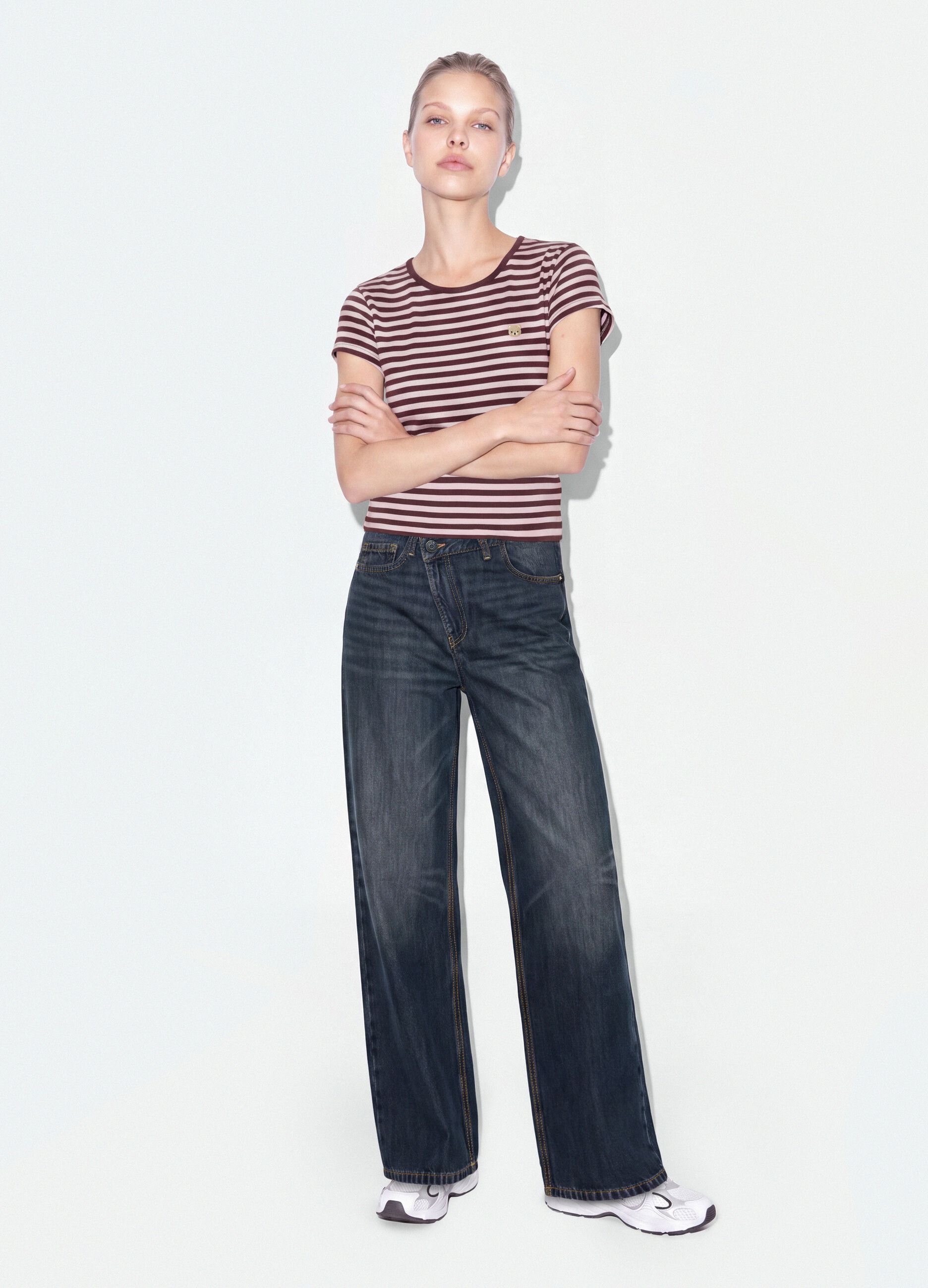 Brown pure cotton crew-neck striped T-shirt