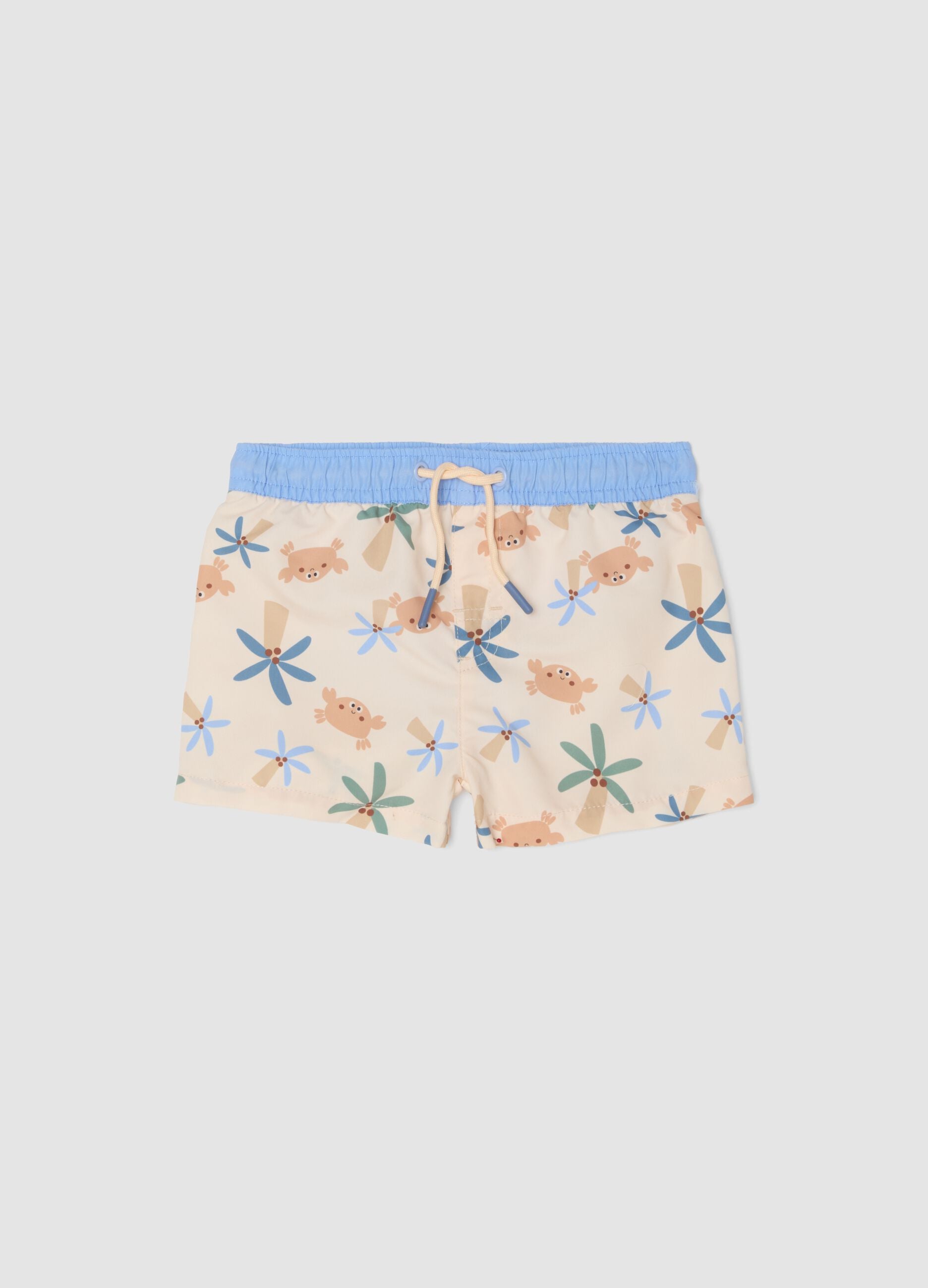 Beige tropical-print swim shorts for baby boys