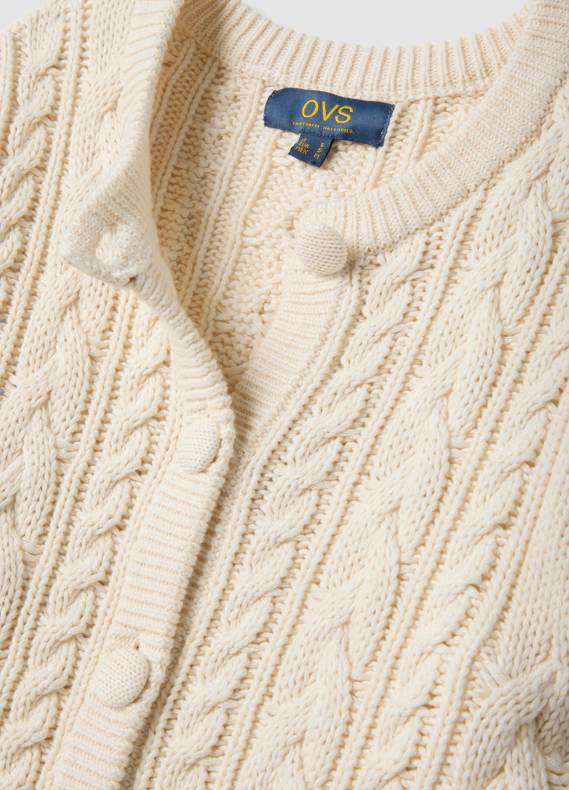 Beige pure cotton cable-knit cardigan, regular fit