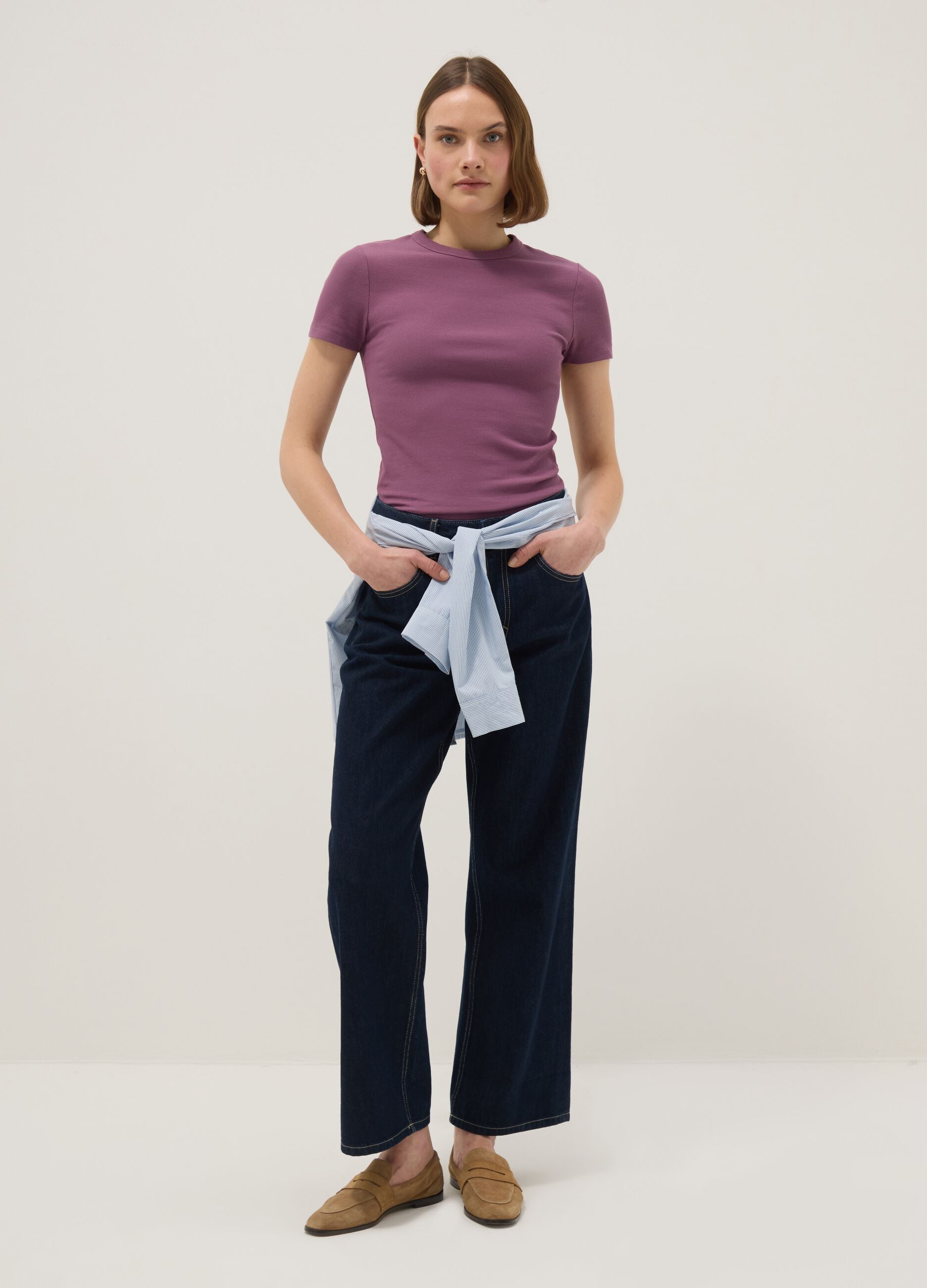 Purple fitted short-sleeve stretch cotton T-shirt