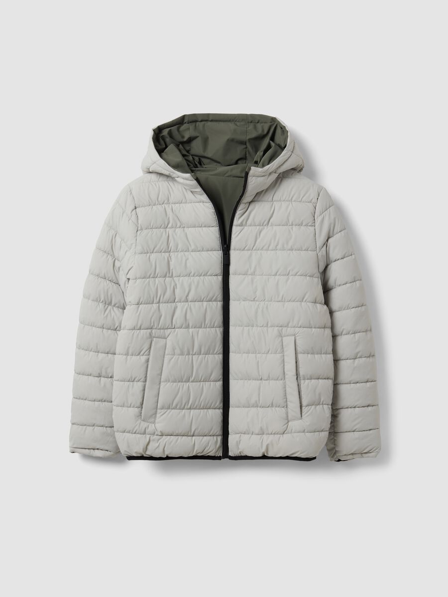 Ultralight Reversible Padded Hooded Jacket in Grey and Green_0