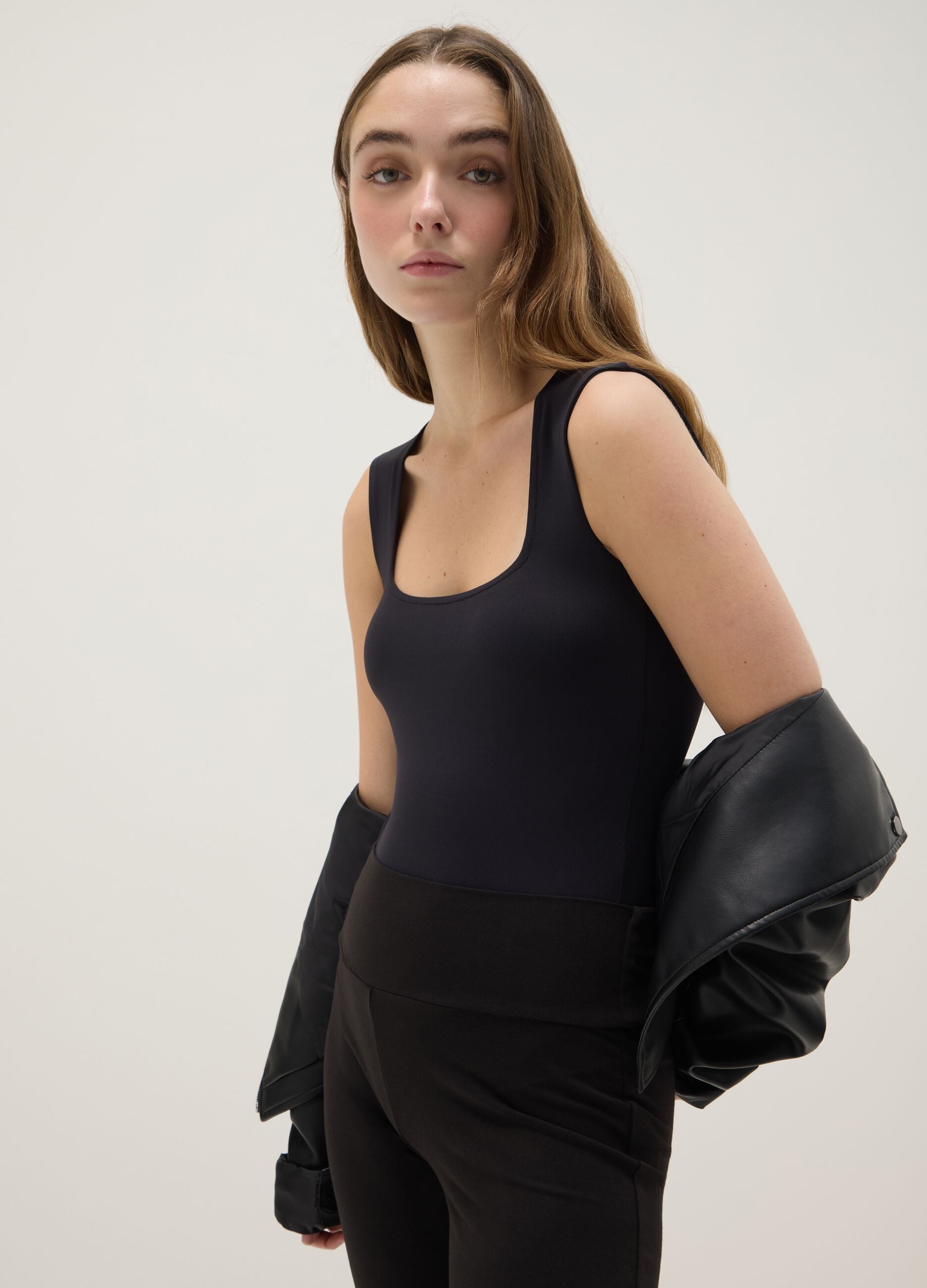 Black Slim Fit Bodysuit with Square Neckline