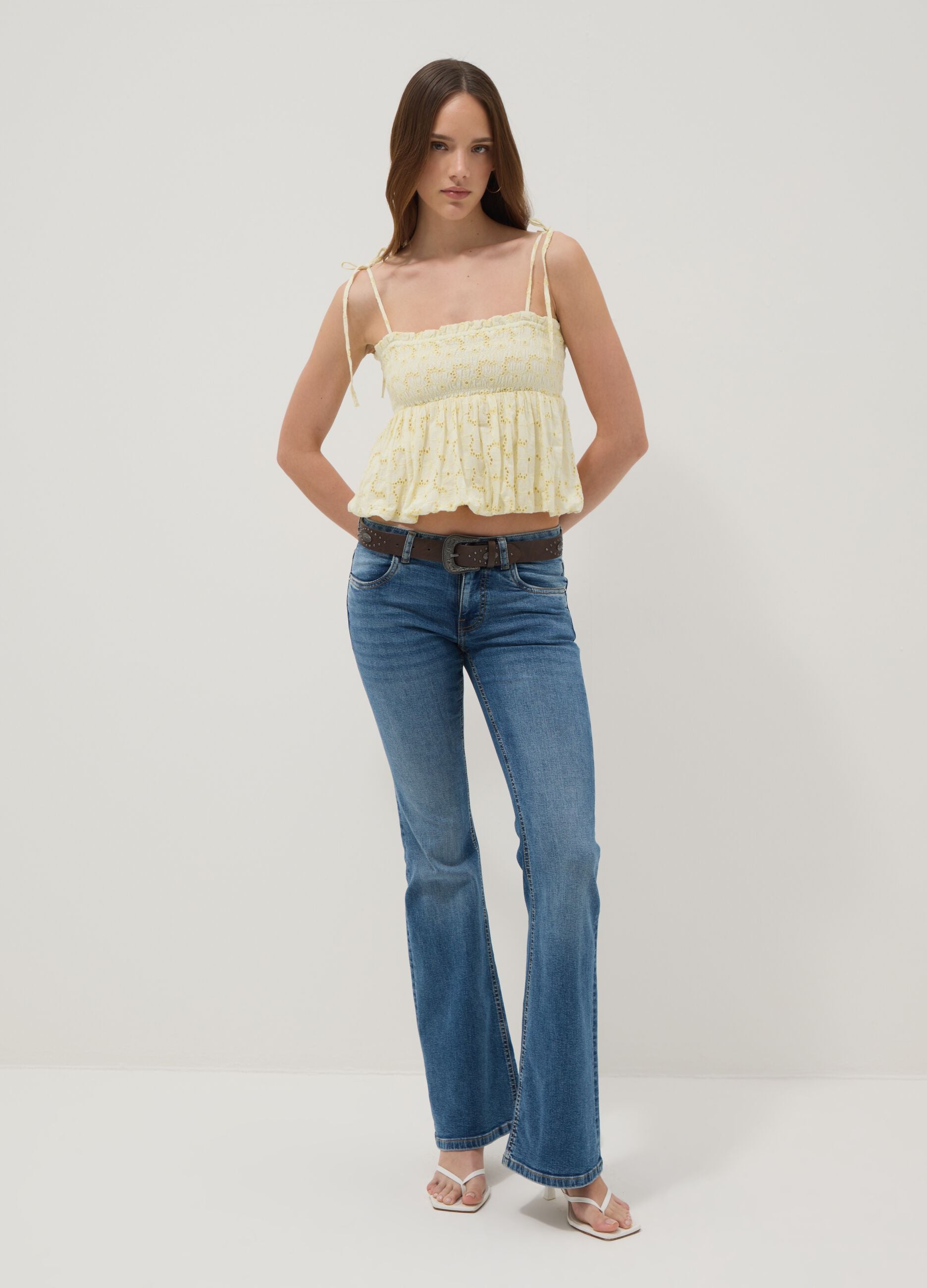 Yellow pure cotton cropped top with thin straps