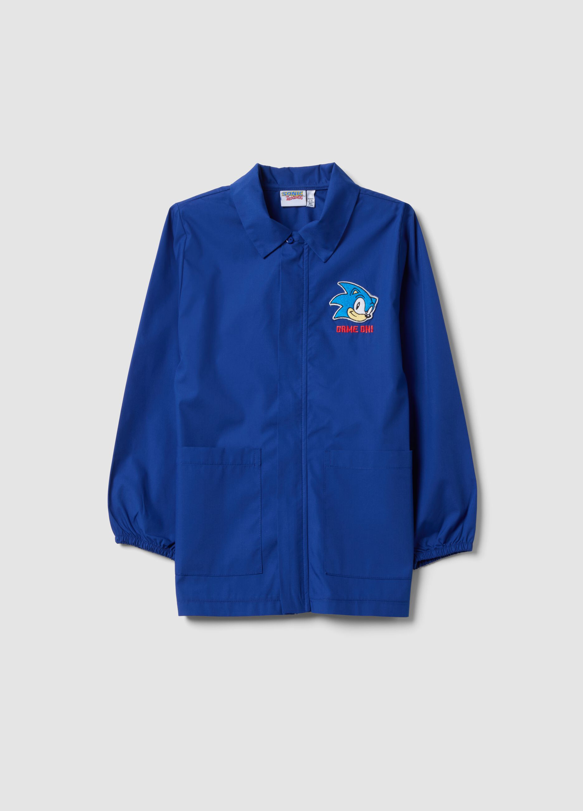 Blue boys&rsquo; school smock with zip and Sonic embroidery