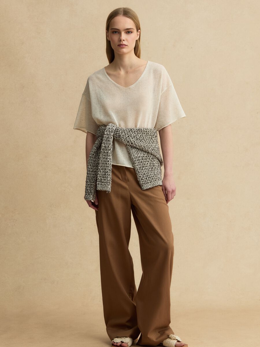 Oversized beige lyocell and linen blend jumper with V-neck_1