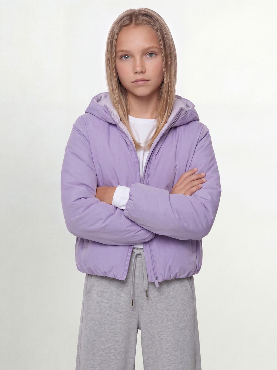 Giacca Ultralight viola reversibile con cappuccio e zip per ragazza_0