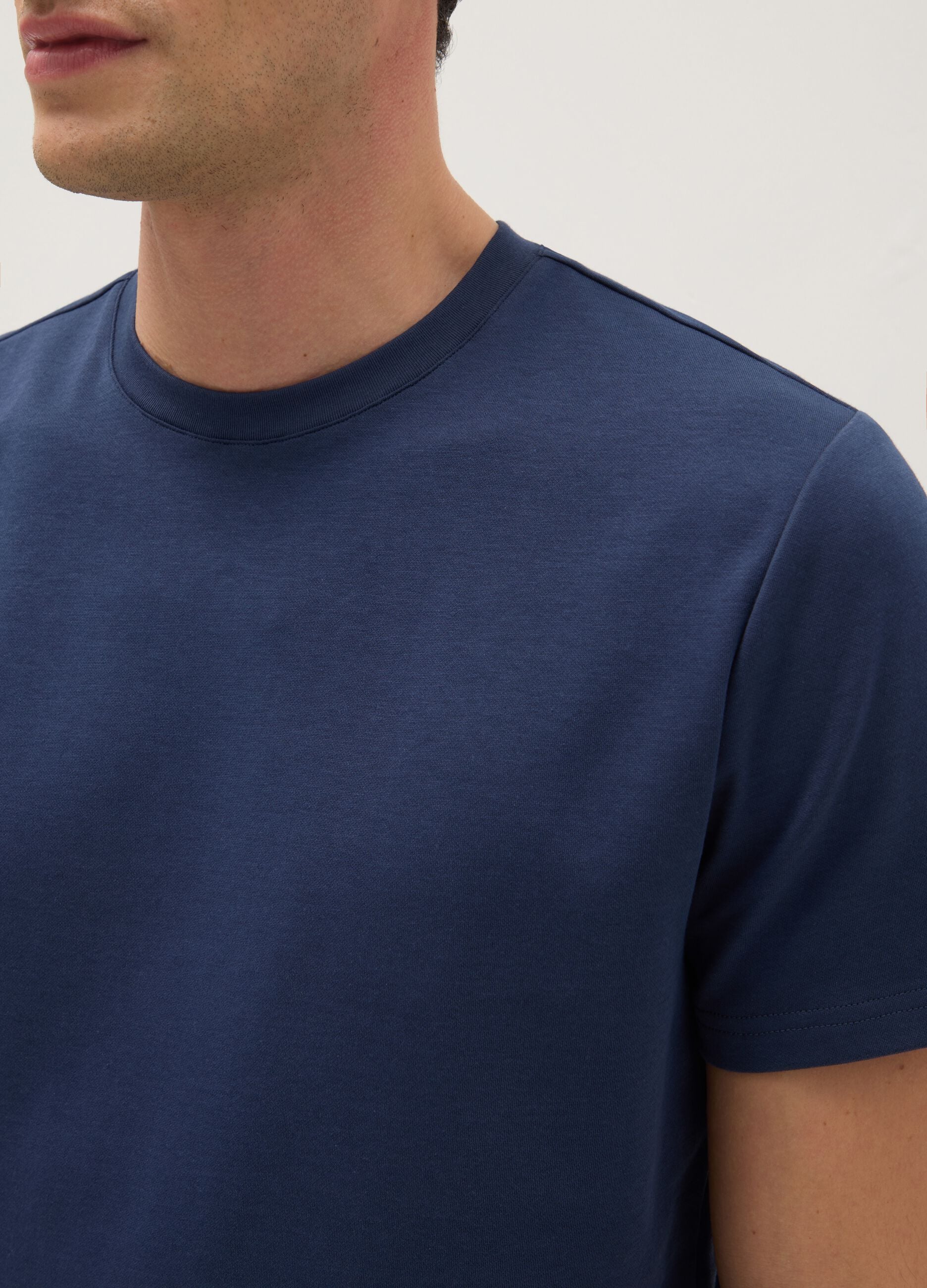 Blue Cotton Blend Crew Neck T-shirt Regular Fit