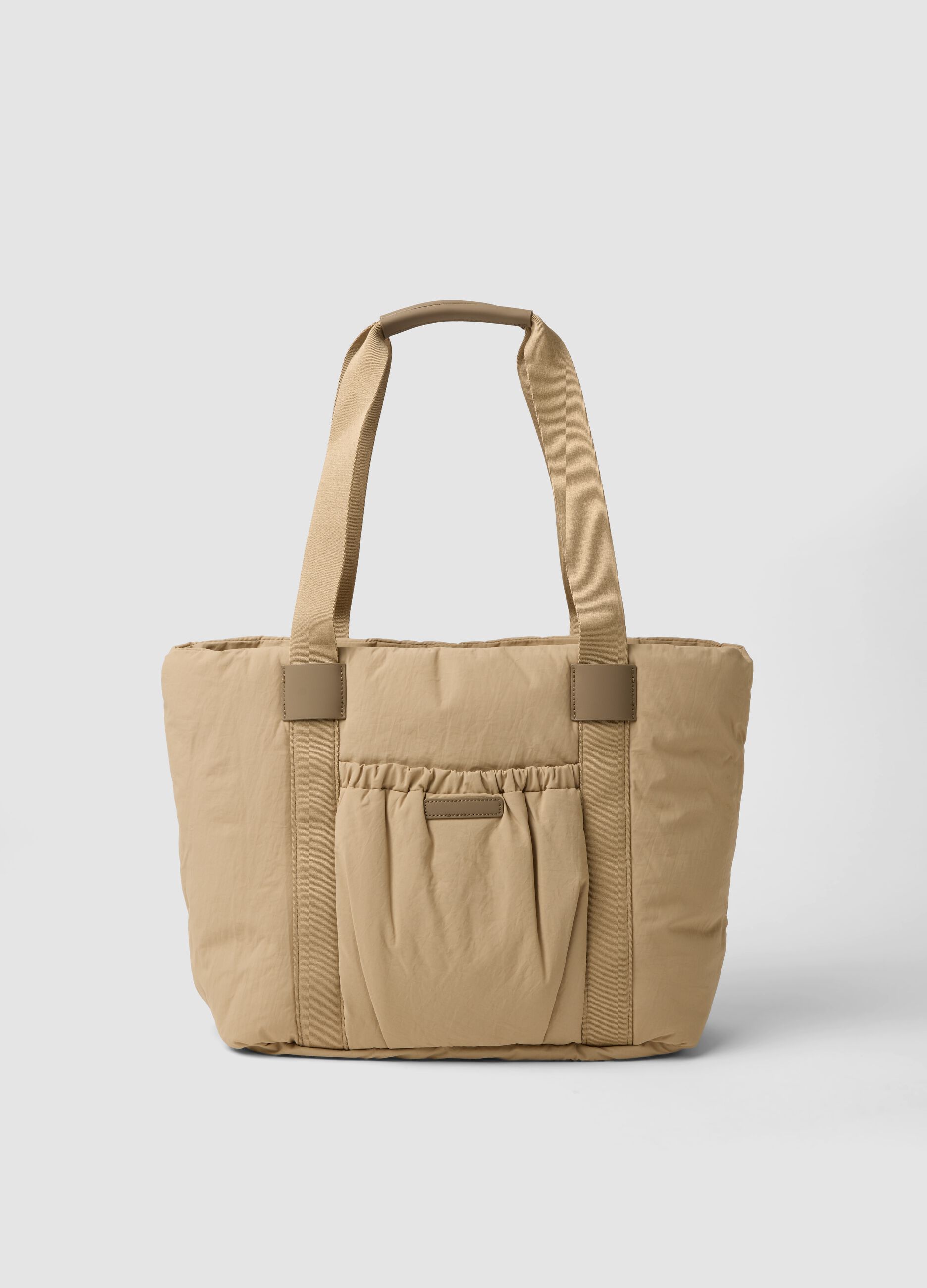 Beige shopper bag with gathered outer pocket