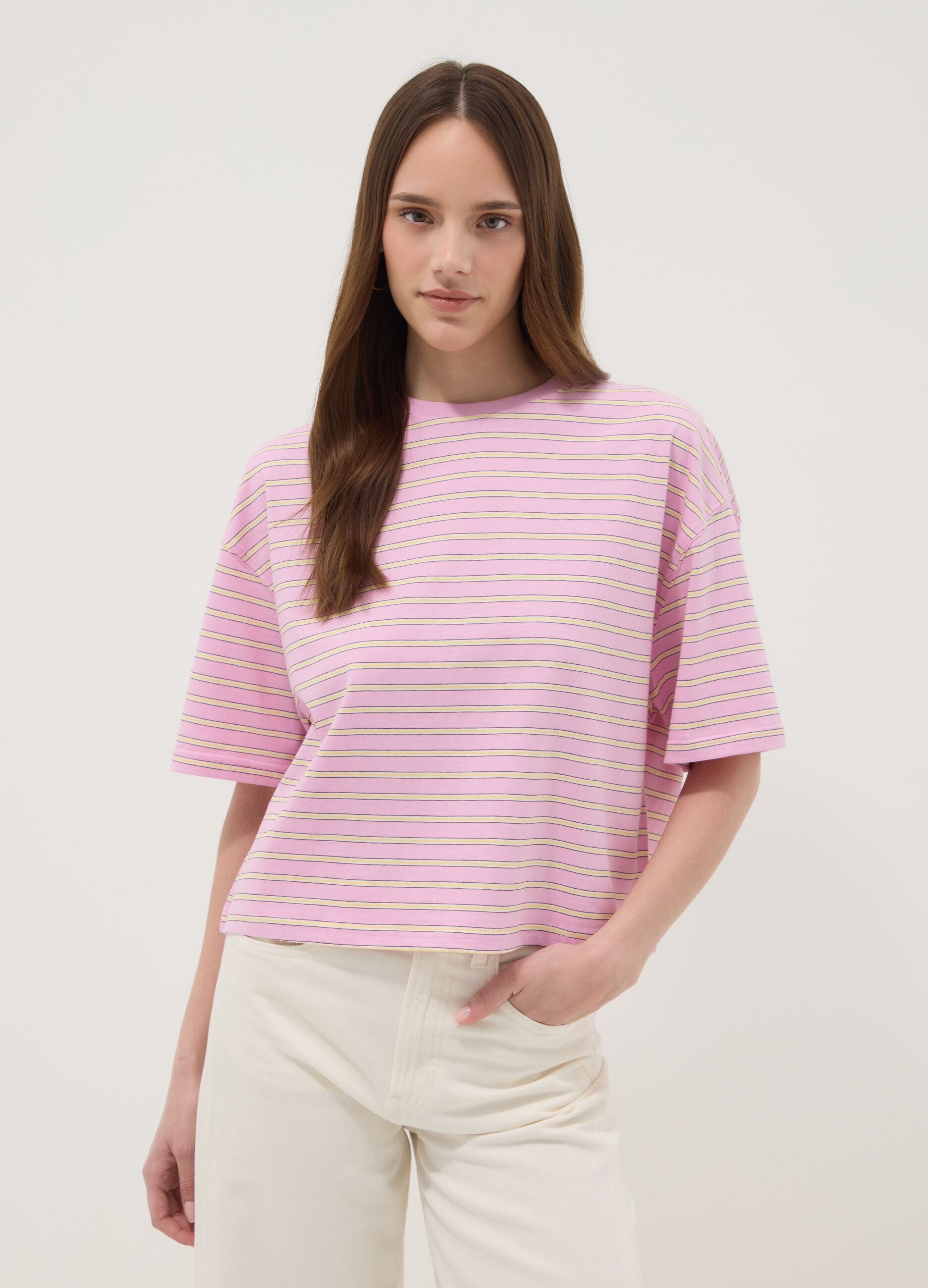 Pink pure cotton T-shirt with yellow stripes, boxy fit