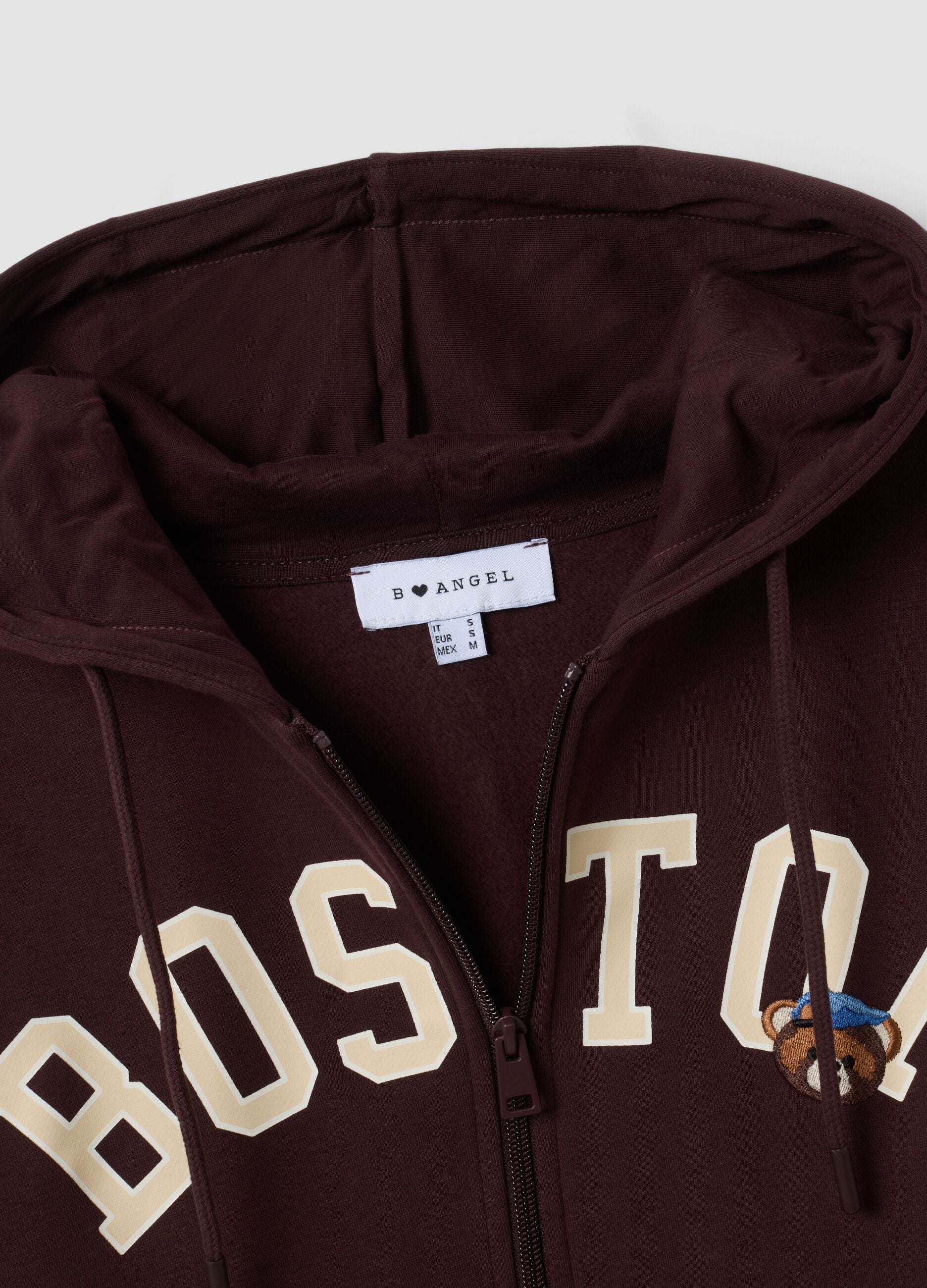 Brown cotton-blend hoodie with Boston slogan, relaxed fit