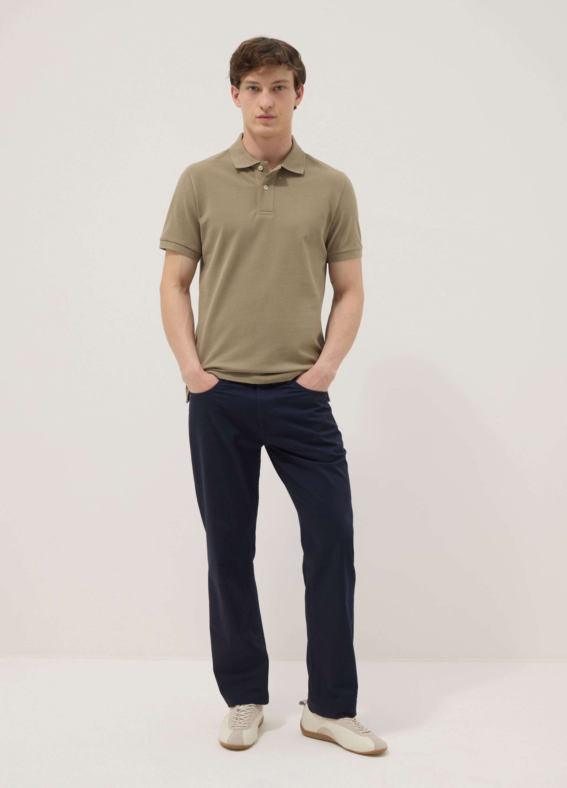 Beige short-sleeve organic cotton polo shirt, regular fit