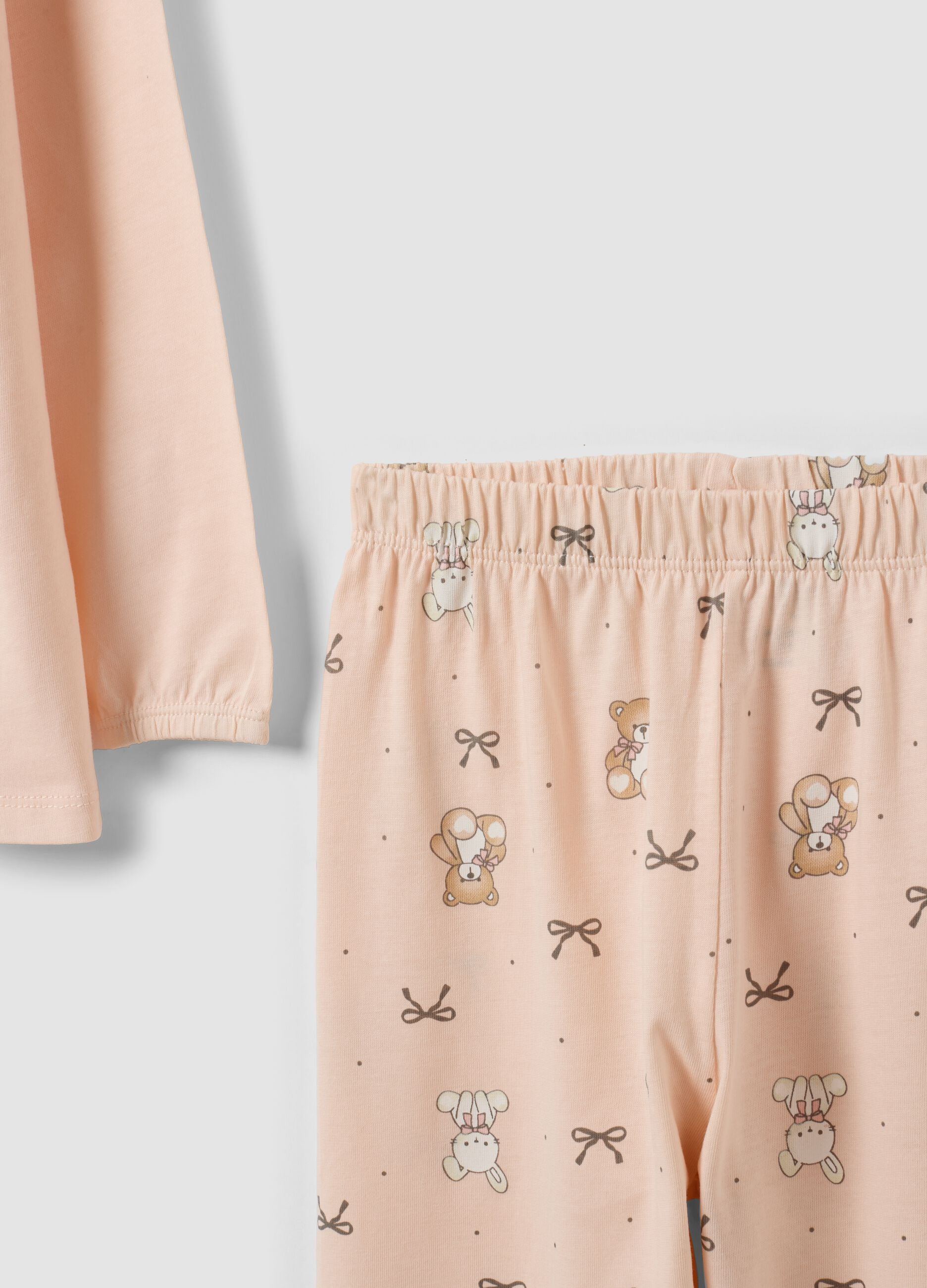 Pink organic cotton pyjamas with crew neck and cute animal print