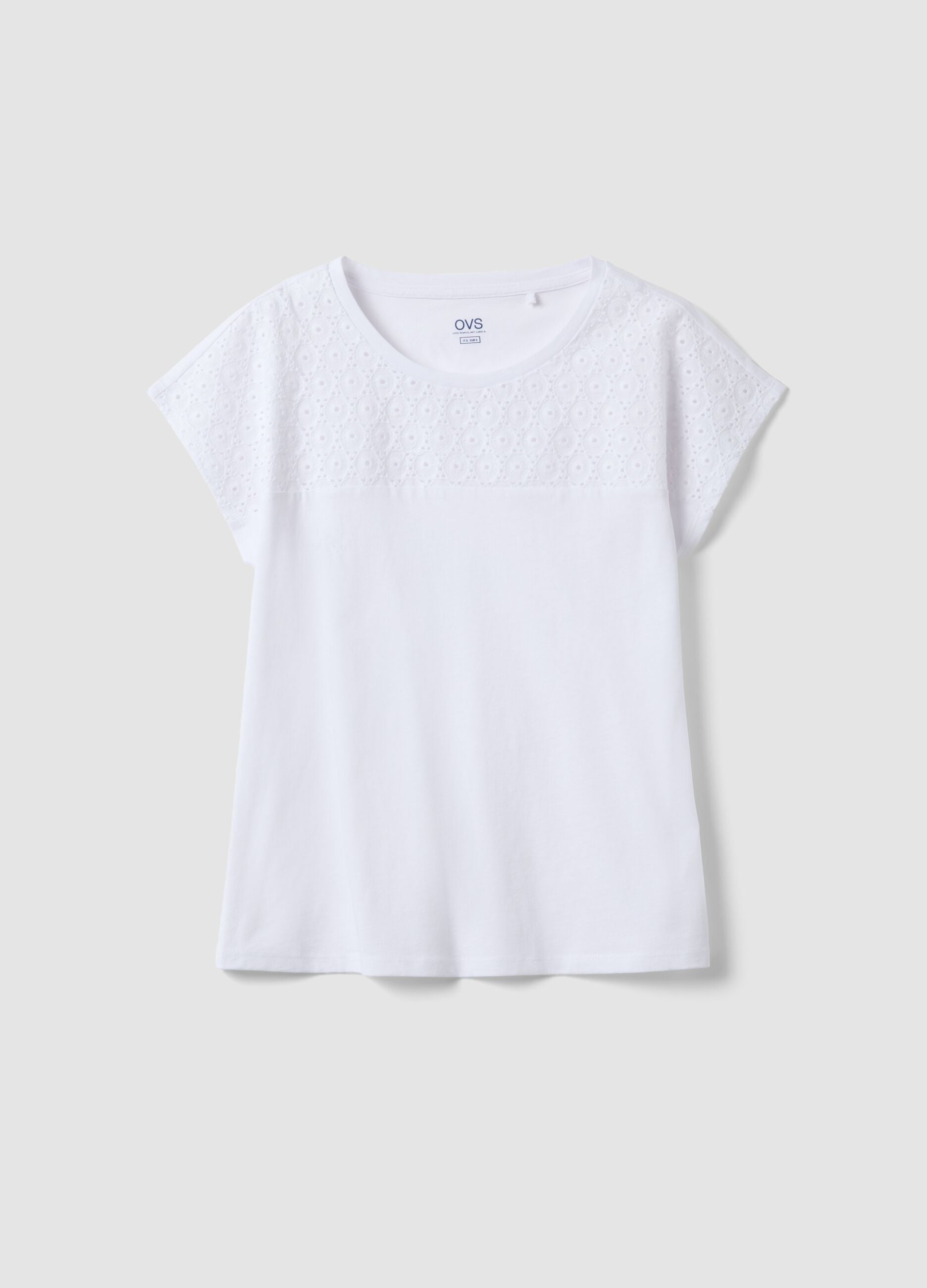 White pure cotton T-shirt with broderie anglaise detail, regular fit
