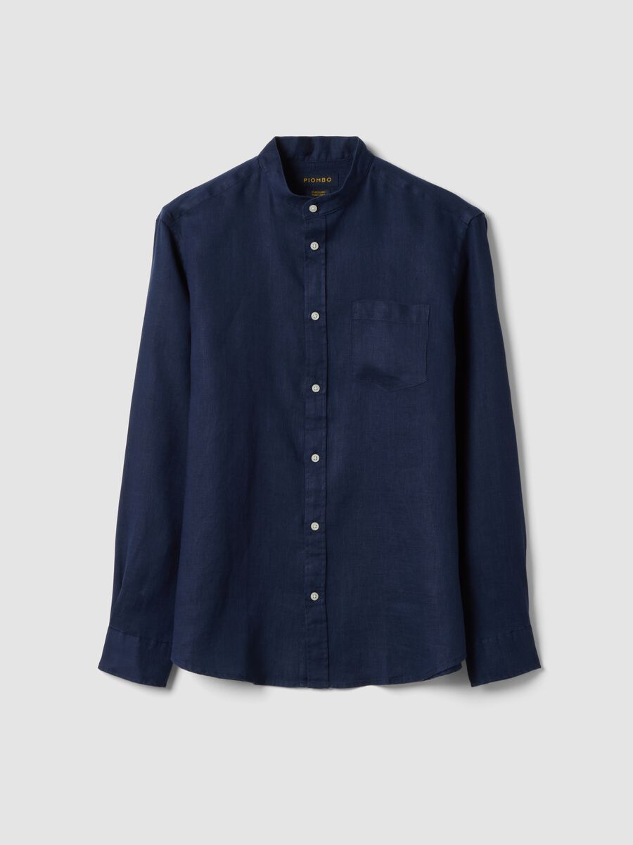 Blue pure linen shirt with band collar, regular fit_4