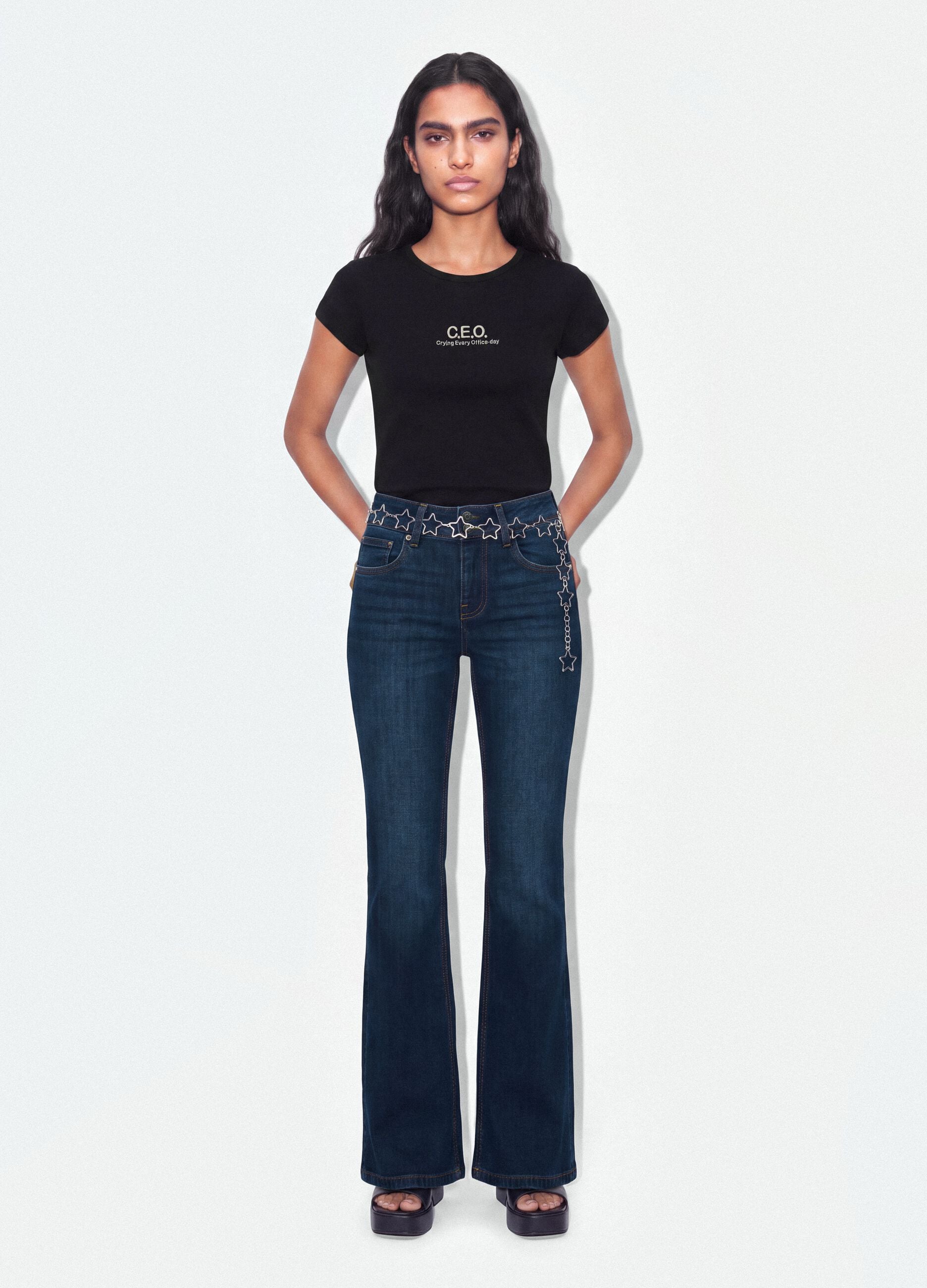 Black pure cotton crew-neck T-shirt with slogan