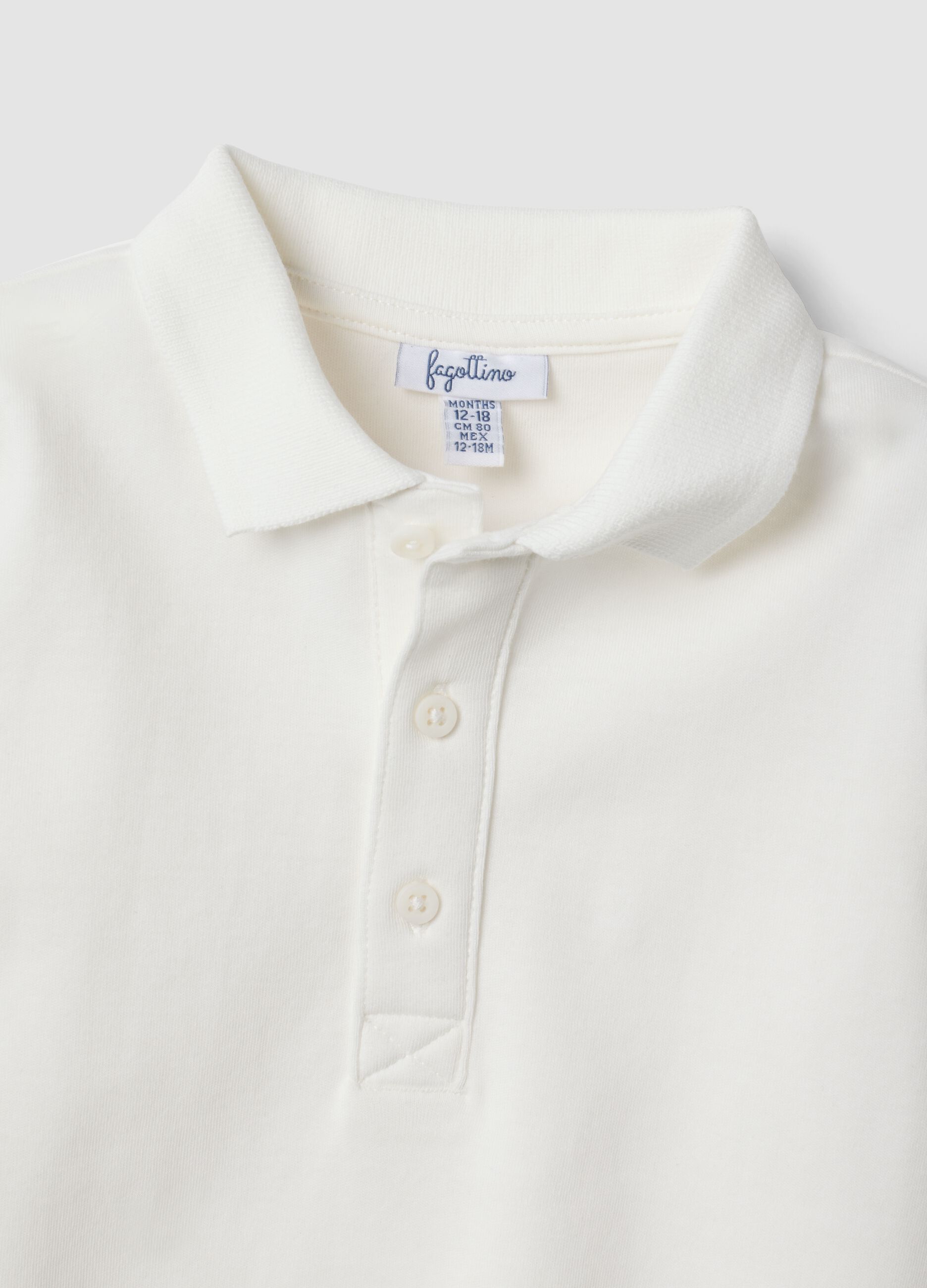 White long-sleeved polo shirt in pure organic cotton for baby boy