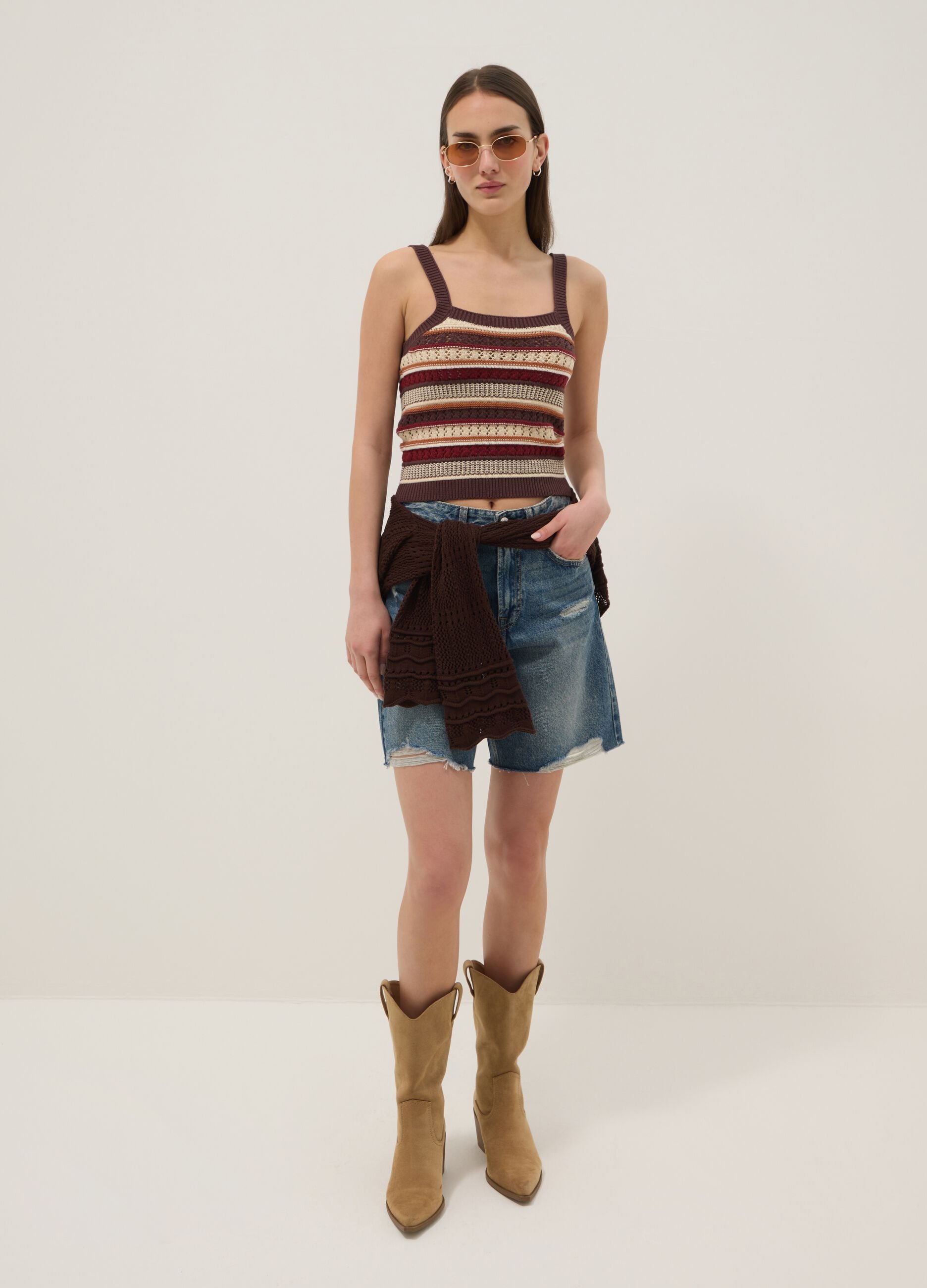 Fitted multicolour striped pure cotton vest with thin straps