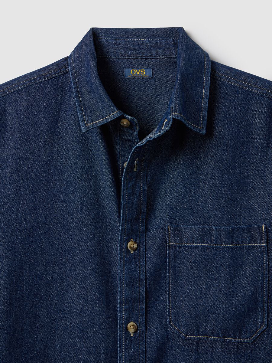 Blue denim pure cotton regular fit shirt with chest pocket_5