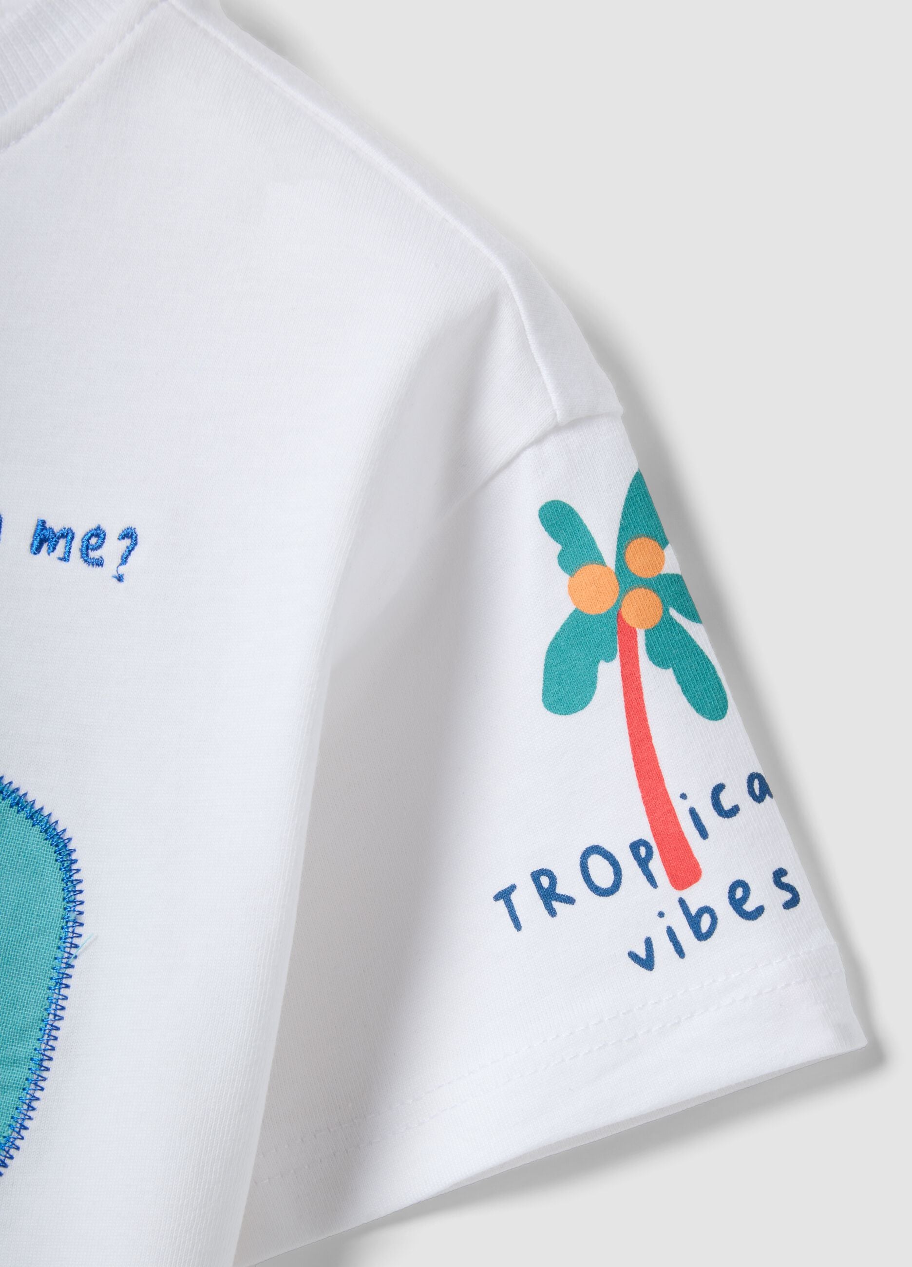 White short-sleeve pure cotton T-shirt with crocodile print for baby boy, oversized fit