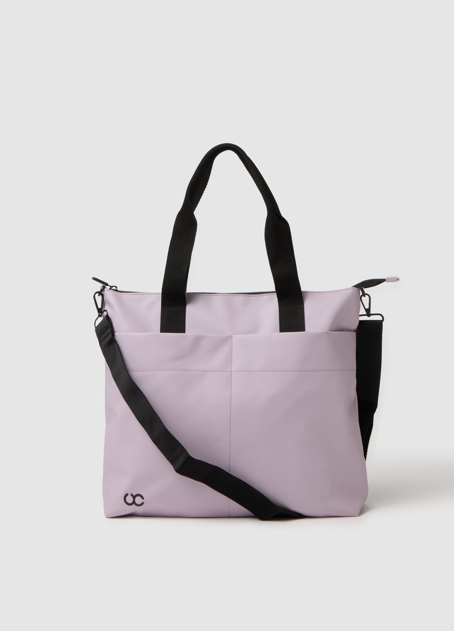 Purple shopper bag with multiple compartments and adjustable shoulder strap