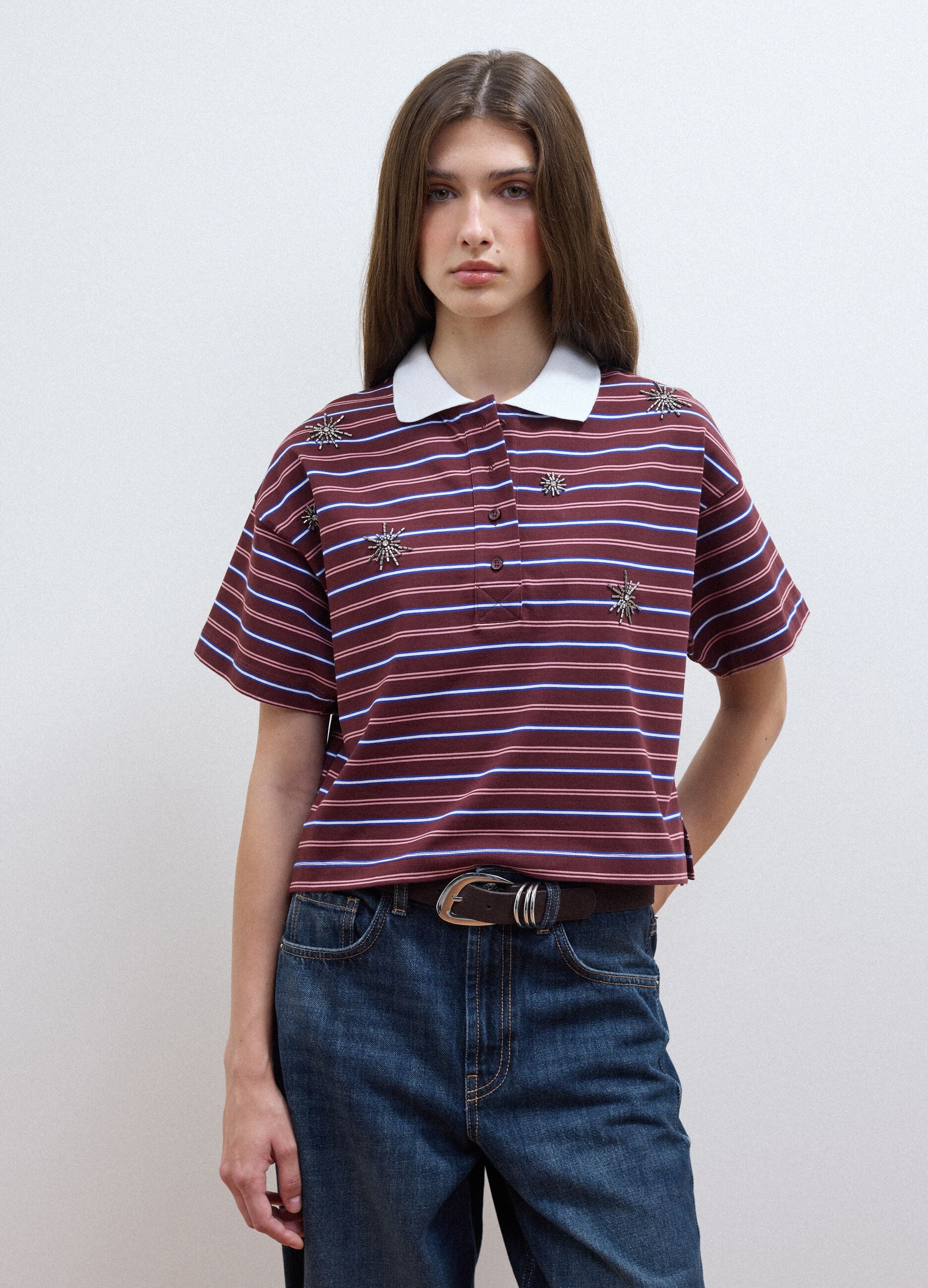 Multicolour striped pure cotton polo with oversized collar