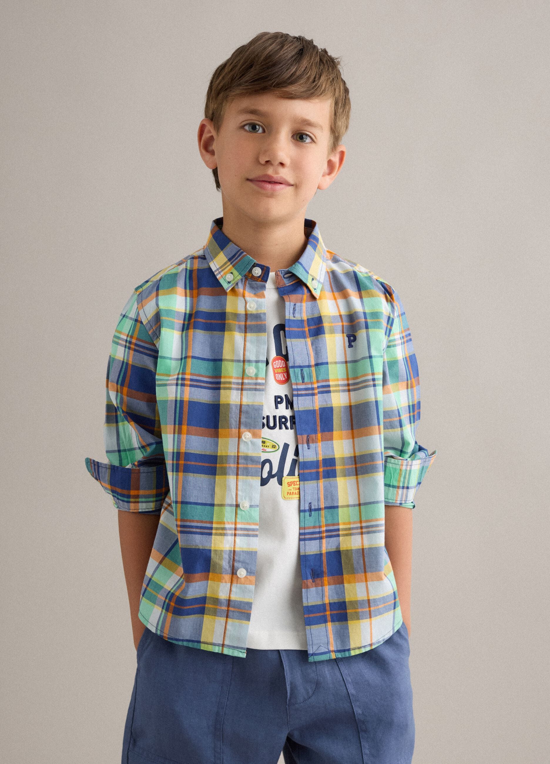 Kids' regular fit multicolor check pure cotton shirt