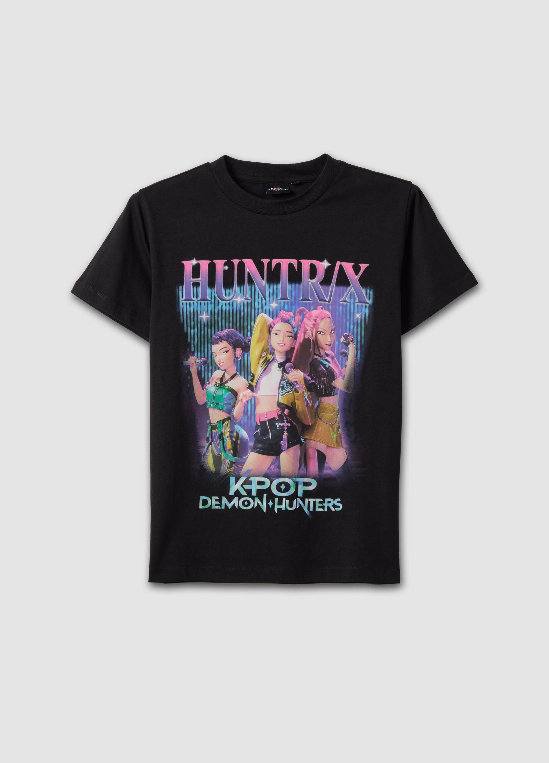 Black pure cotton T-shirt with K-Pop Demon Hunter print, regular fit