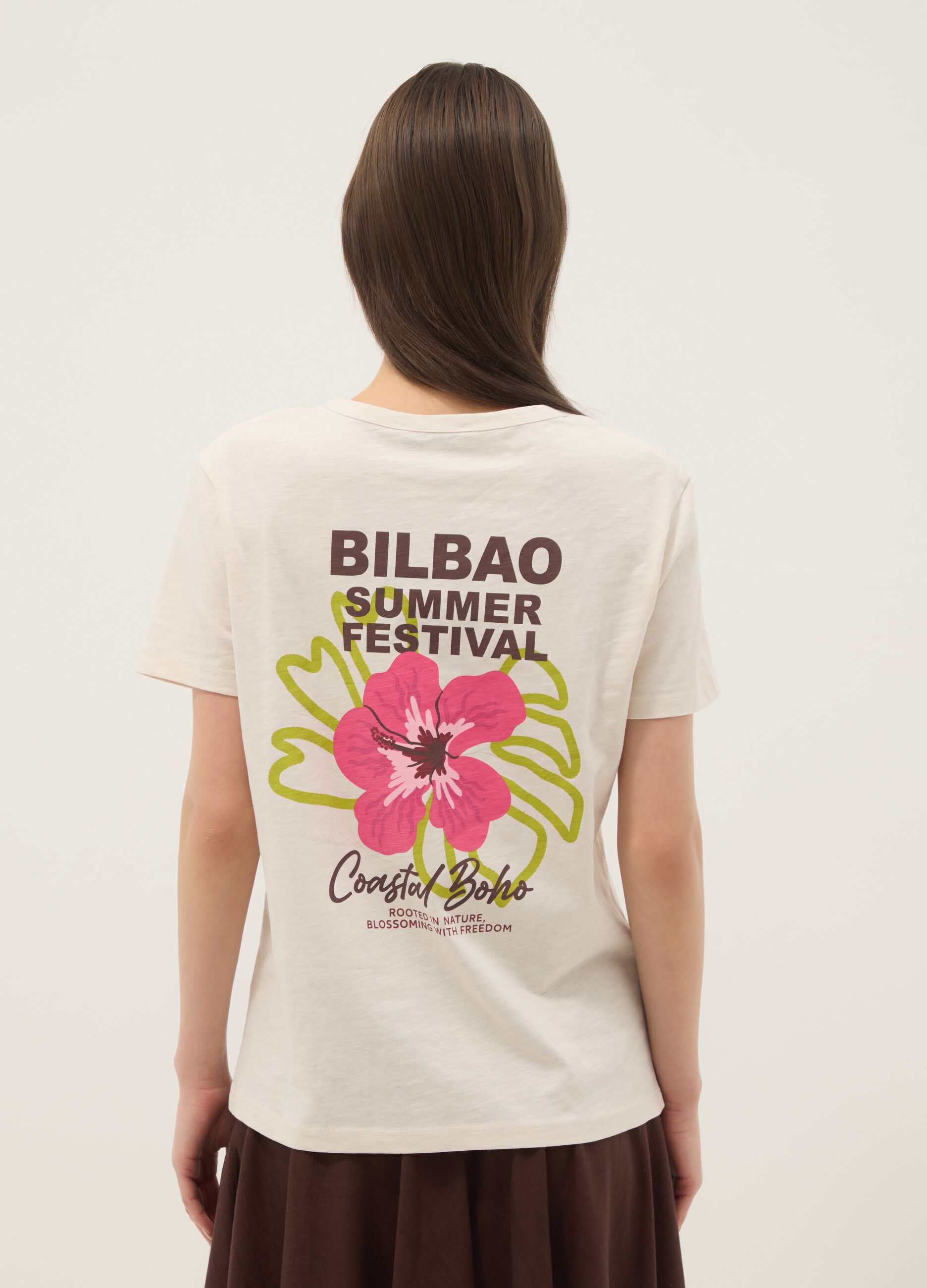 Beige pure cotton relaxed-fit T-shirt with floral print