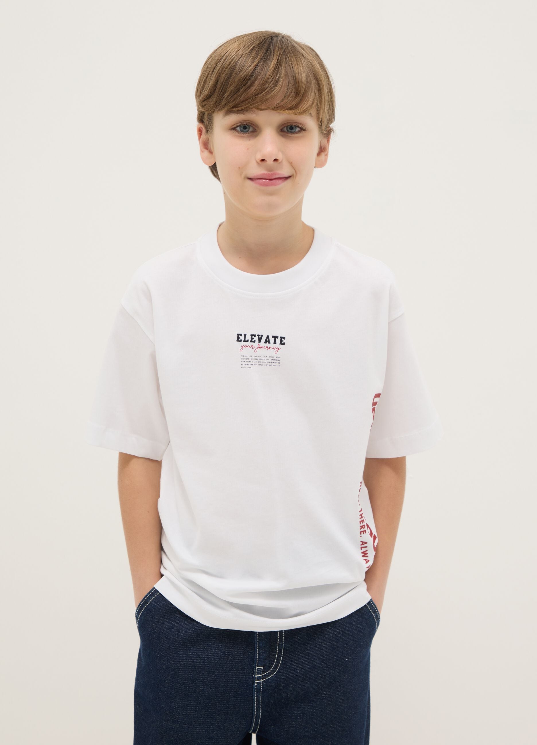 Teen boys' white pure cotton T-shirt in relaxed fit with print