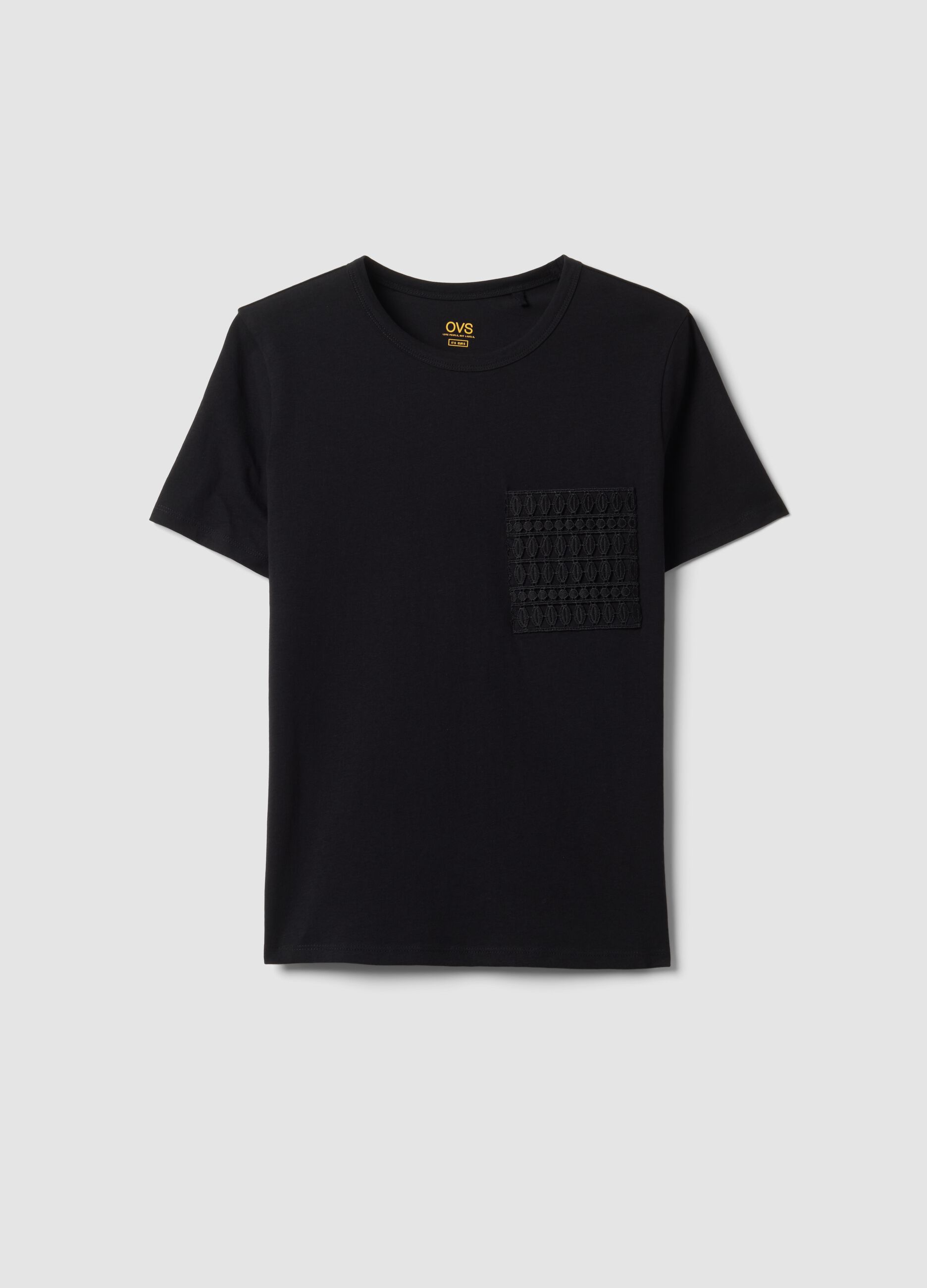 Black pure cotton regular-fit T-shirt with embroidered chest pocket