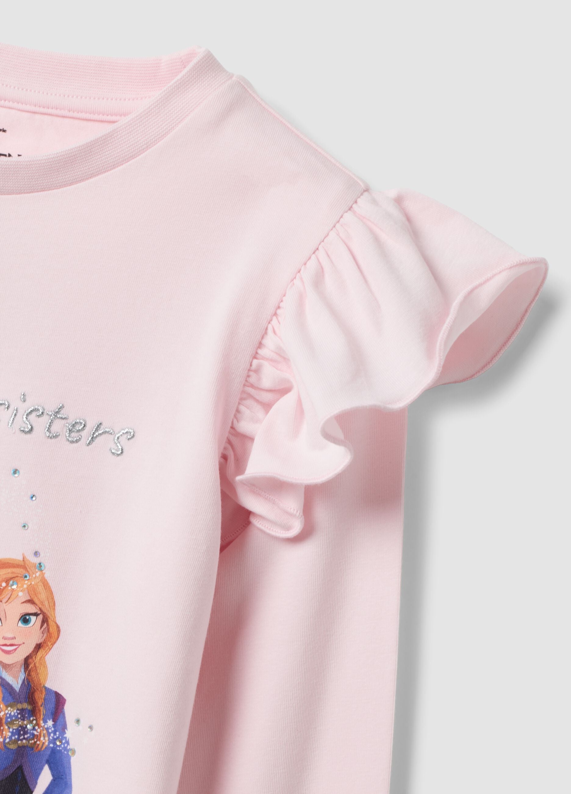 Girls&rsquo; pink stretch cotton T-shirt with ruffles and Frozen print