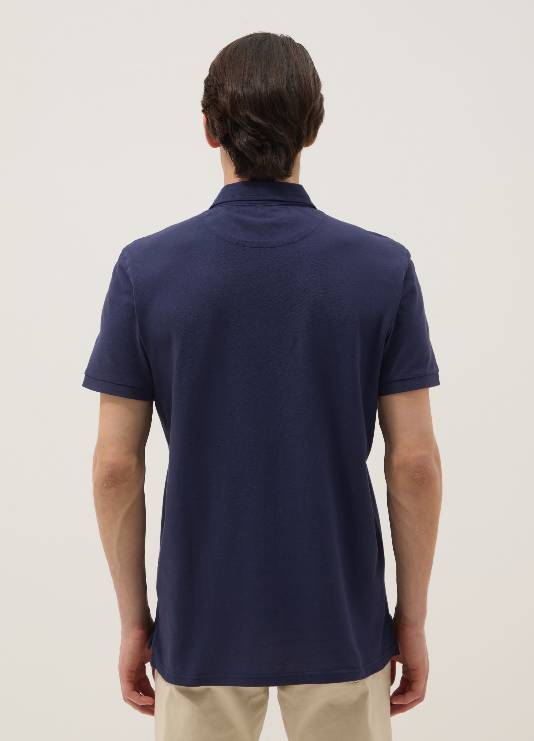Blue pure cotton slim-fit short-sleeved polo shirt