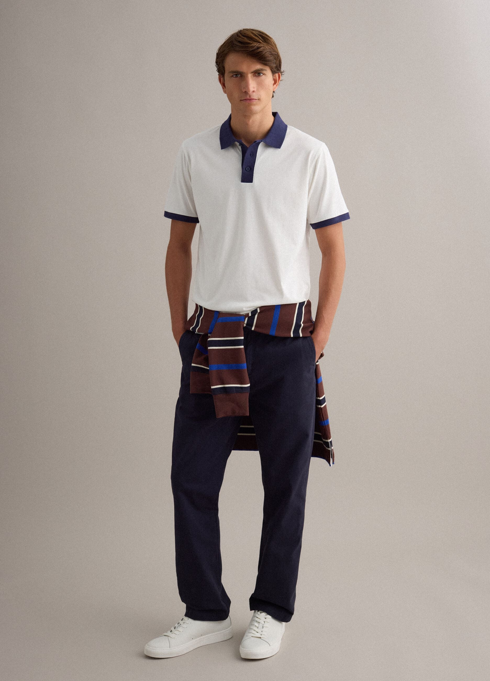 White pure cotton polo shirt with contrasting collar