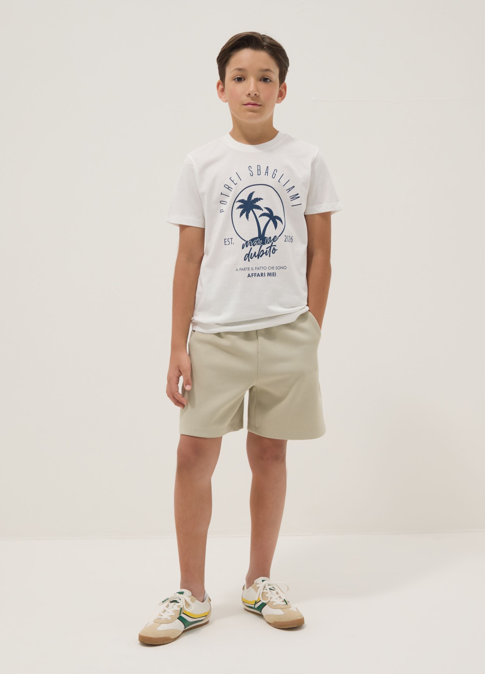 Beige cotton-blend shorts with elasticated waist