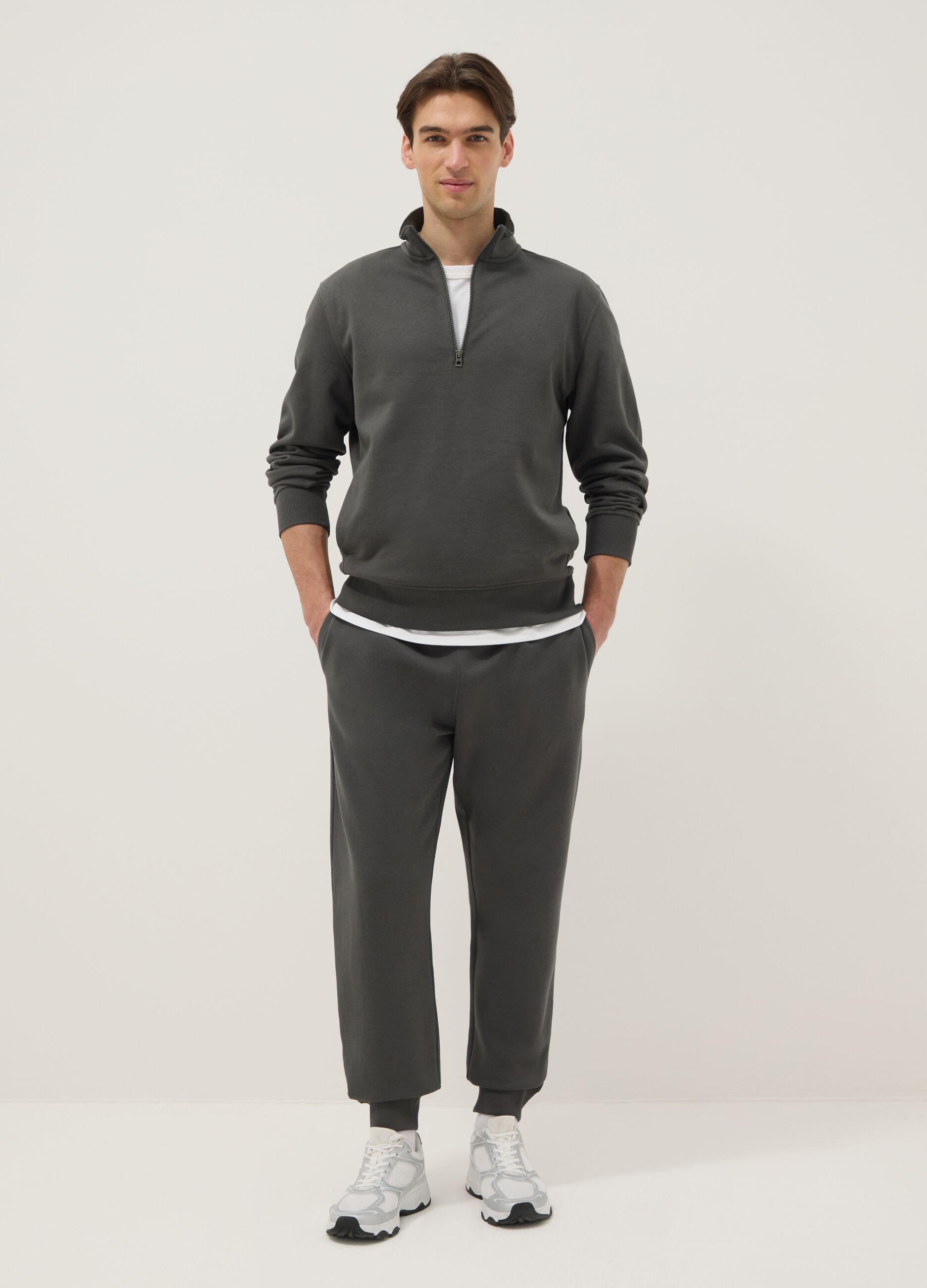 Grey regular fit cotton-blend sweatshirt with half zip