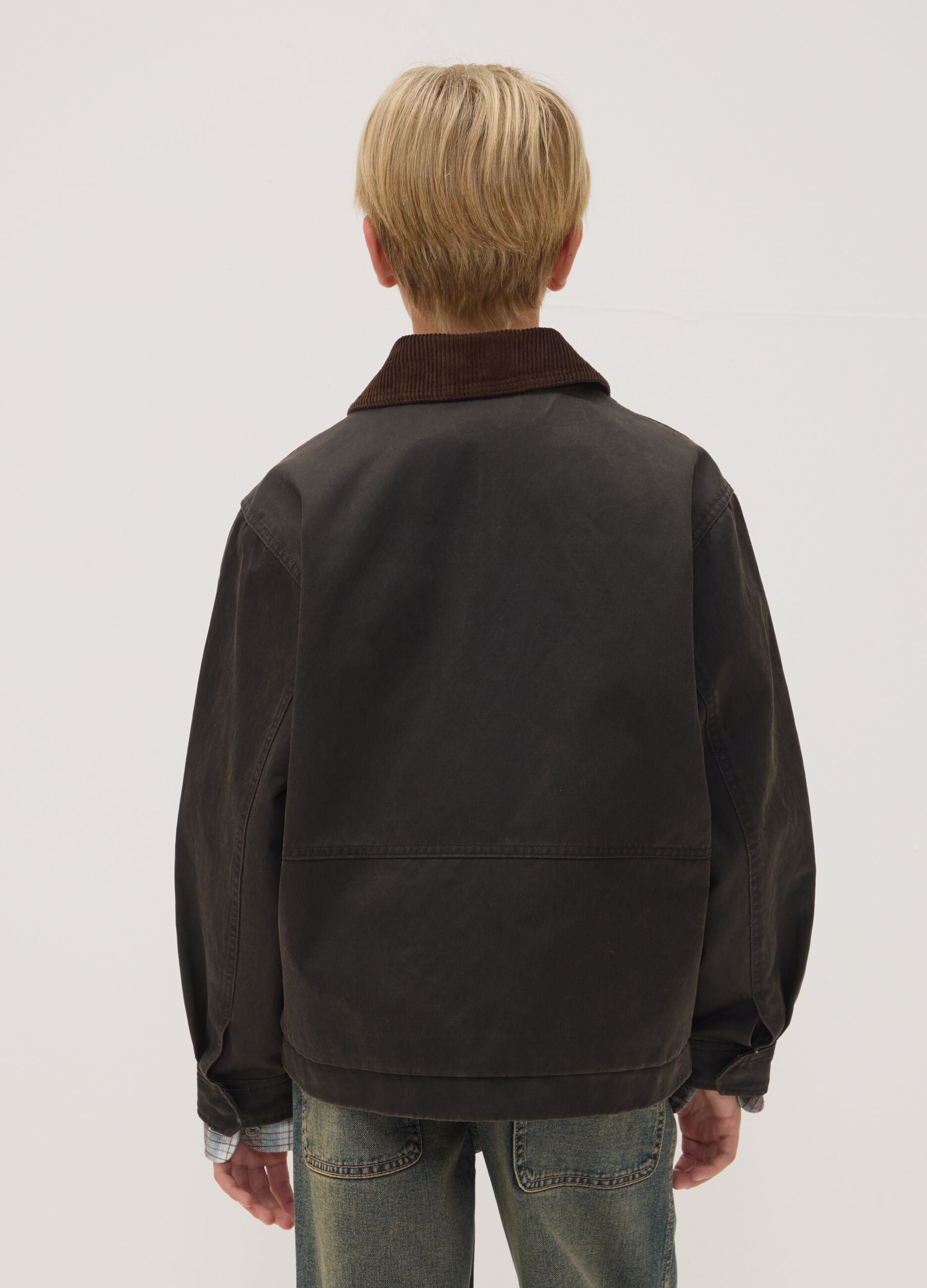 Black cotton-blend jacket with velvet collar for boys